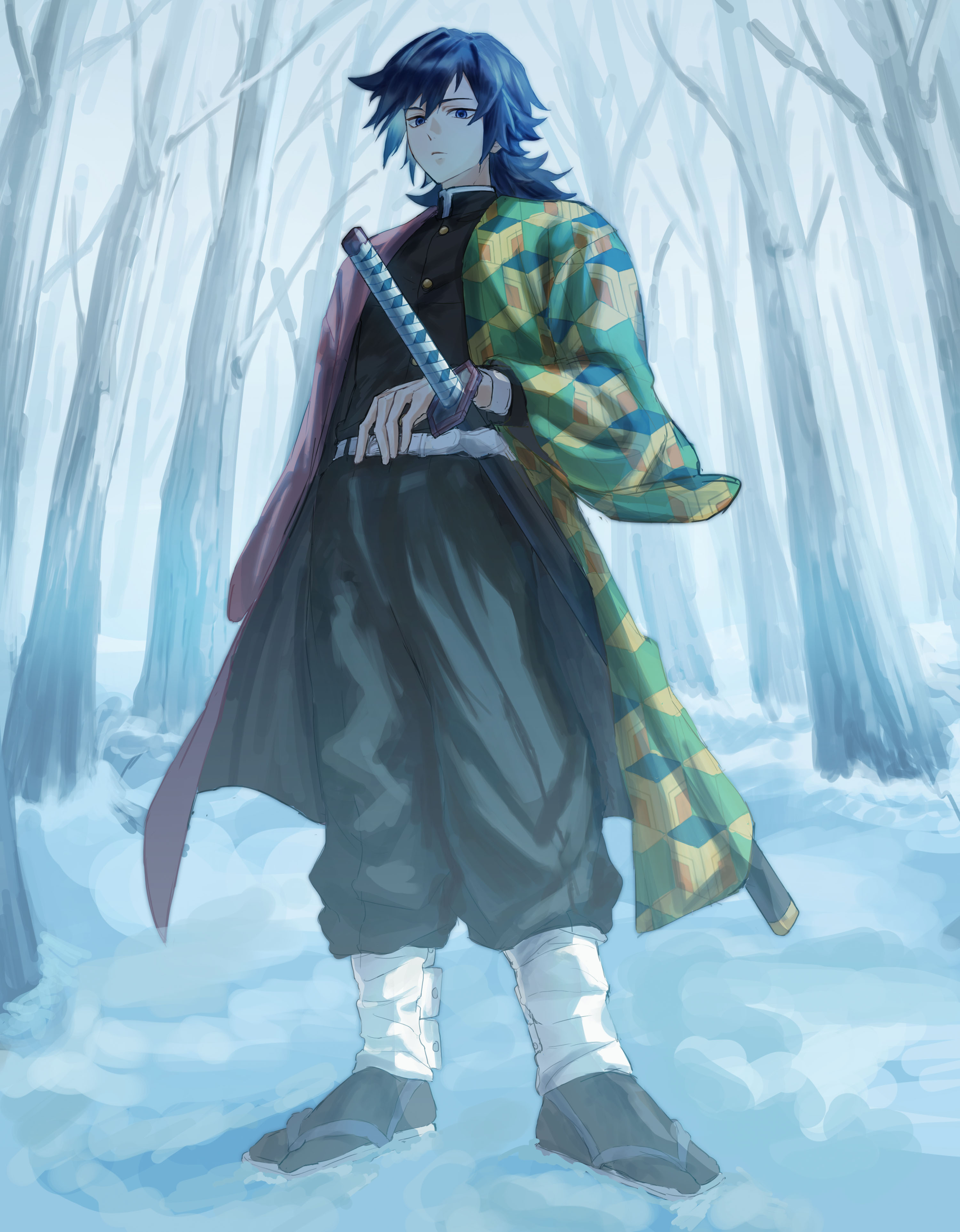 tomioka giyuu, kimetsu no yaiba, absurdres, highres, 1boy, black hair, black jacket, black pants, black socks, blue eyes, buttons, closed mouth, demon slayer uniform, empty eyes, forest, full body, gold buttons, haori, jacket, japanese clothes, katana, kikkoumon, low ponytail, male focus, nature, outdoors, pants, ponytail, print haori, red haori, sandals, snow, socks, solo, spiked hair, srsee 5463, sword, weapon