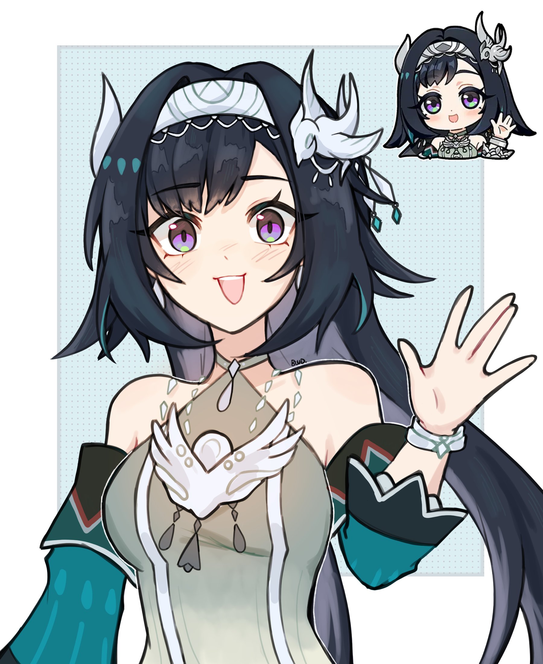 bludblegum, lan yan (genshin impact), genshin impact, commentary, english commentary, highres, 1girl, :d, bare shoulders, bird hair ornament, black hair, bracelet, breasts, chibi, detached sleeves, dress, grey dress, grey hairband, hair ornament, hairband, hand up, jewelry, long hair, long sleeves, looking at viewer, medium breasts, multiple views, open mouth, purple eyes, smile, upper body, very long hair