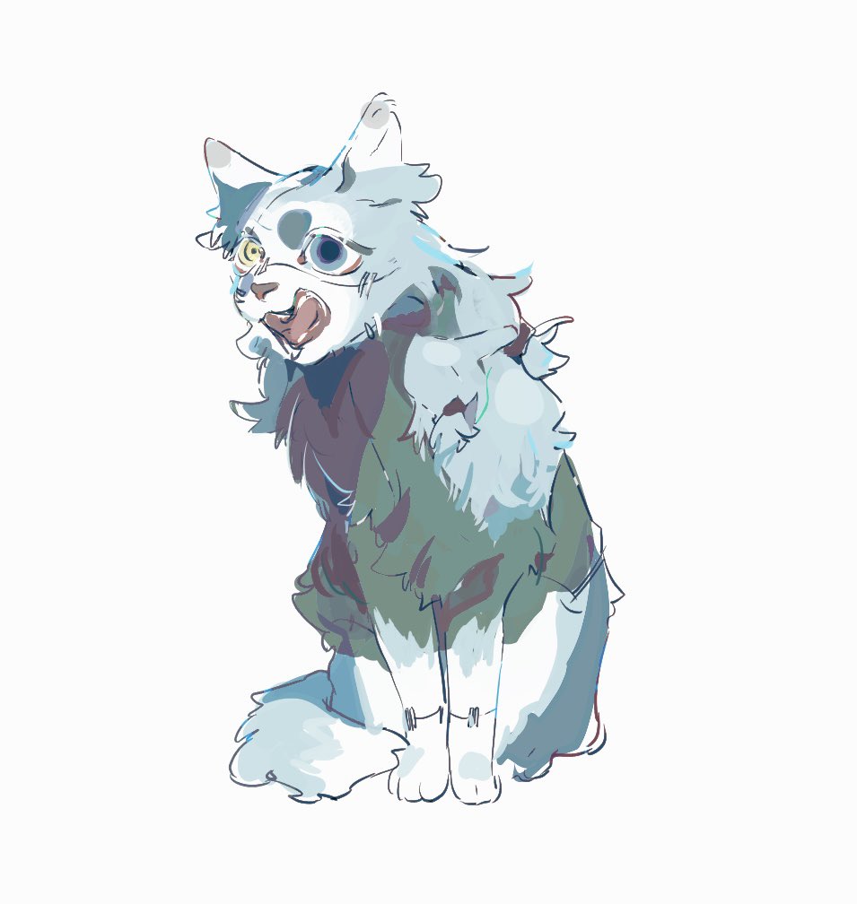 mahito (jujutsu kaisen), jujutsu kaisen, animal ears, animalization, blue eyes, blue hair, dog, dog ears, dog tail, full body, heterochromia, kkrmcmc, simple background, sitting, stitched arm, stitched face, stitched neck, stitches, tail, white background, yellow eyes