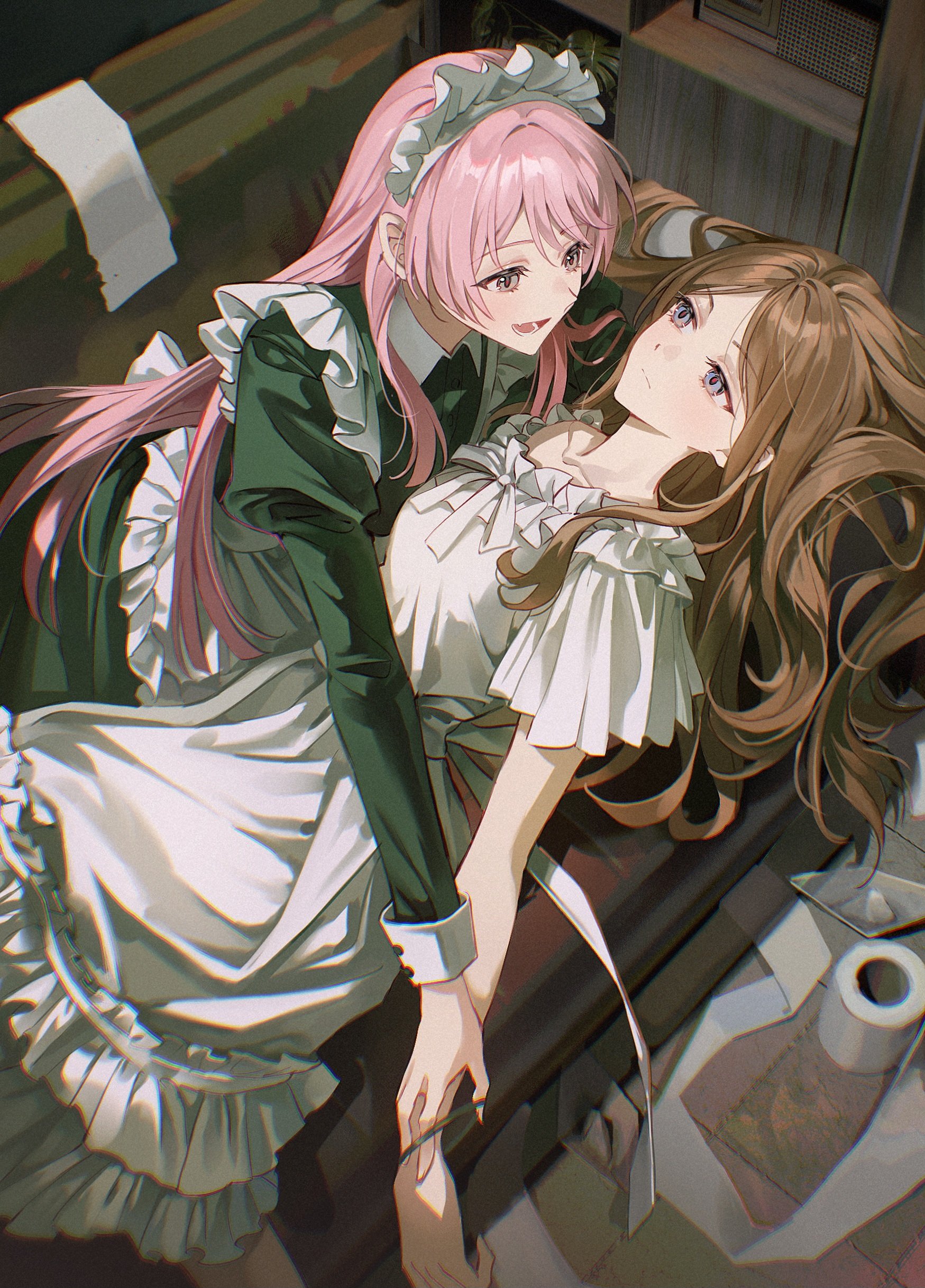 pong (pong o0), chihaya anon, nagasaki soyo, bang dream!, bang dream! it's mygo!!!!!, absurdres, highres, 2girls, alternate costume, apron, brown hair, collarbone, dress, enmaided, eye contact, fang, frilled apron, frilled dress, frills, grey eyes, hair spread out, hair tie, hair tie on wrist, indoors, juliet sleeves, light blush, long hair, long sleeves, looking at another, maid, maid apron, maid headdress, multiple girls, paper boat, pink hair, puffy sleeves, sideways mouth, skin fang, toilet paper, very long hair, white apron, white dress, white headdress, white sleeve cuffs, yuri