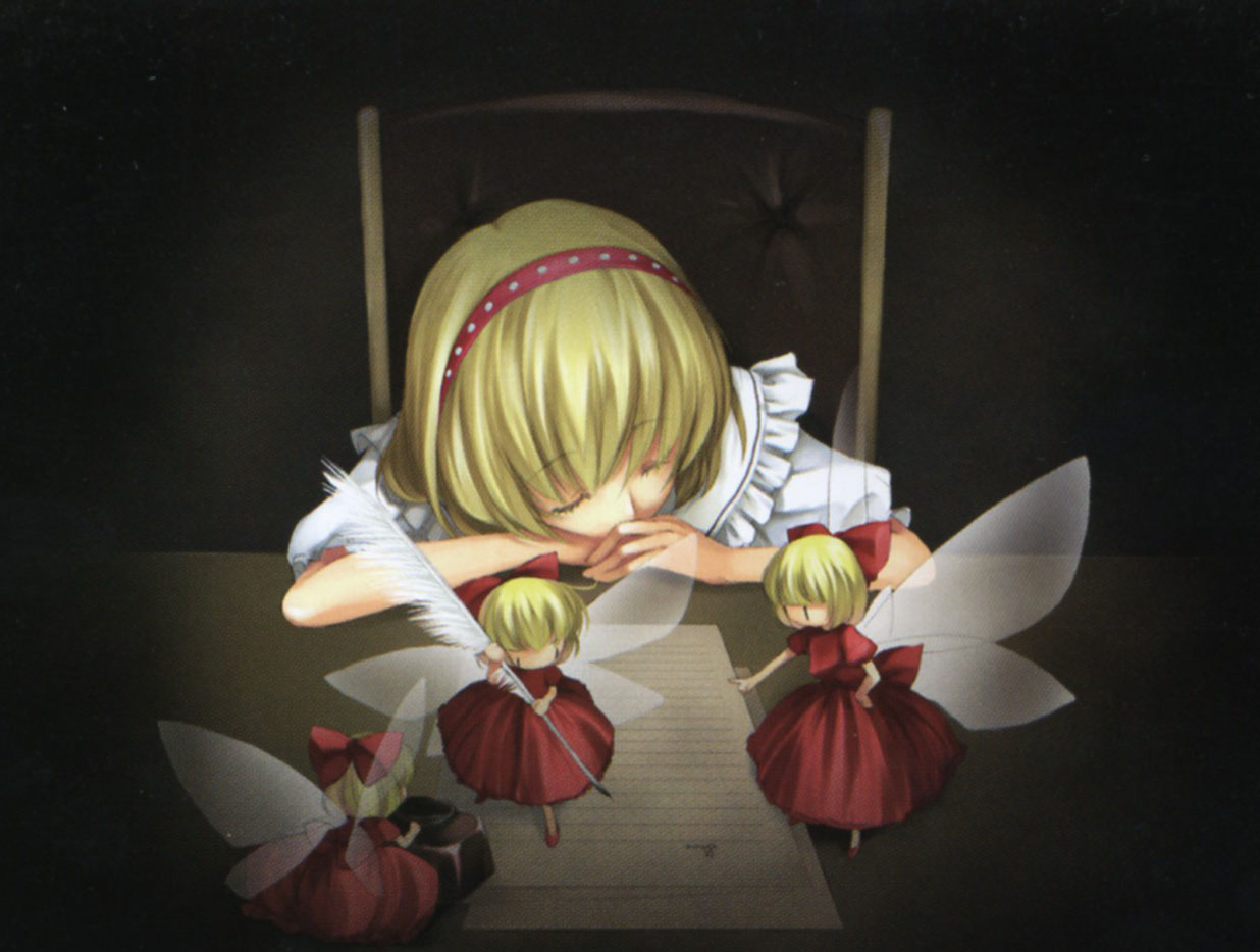 alice margatroid, hourai doll, touhou, scan, 4girls, black background, feathers, female focus, hairband, indoors, ink, letter, multiple girls, paper, quill, sitting, sleeping, standing, wings