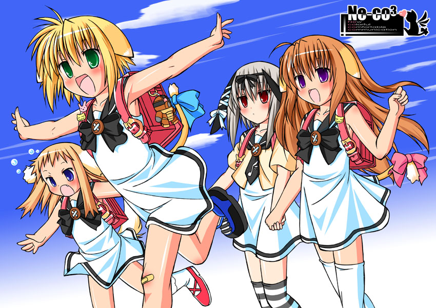 jun'you maru, junyoh-maru, acguy, zaku, original, silver hair, striped legwear, 4girls, animal ears, backpack, bag, bandaid, bandaid on knee, bandaid on leg, blonde hair, blue eyes, bow, brown hair, buttons, dog ears, dog tail, flair, flat chest, green eyes, large buttons, multiple girls, outstretched arms, purple eyes, randoseru, red eyes, school uniform, serafuku, spread arms, striped clothes, striped thighhighs, tail, thighhighs, zettai ryouiki