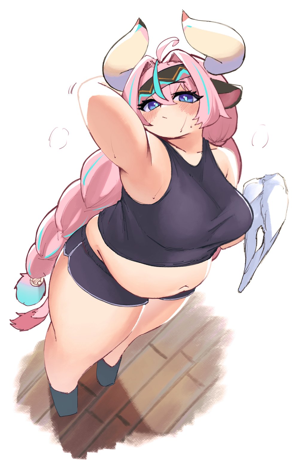 nantekottai25, varesa (genshin impact), genshin impact, 1girl, ahoge, animal ears, aqua hair, arm behind head, armpits, belly, black shirt, black shoes, black shorts, blue eyes, blush, braid, breasts, crop top, from above, hair between eyes, hair intakes, hair ornament, hairband, holding, holding towel, horns, large breasts, long hair, midriff, multicolored hair, navel, pink hair, plump, shirt, shoes, short shorts, shorts, sleeveless, sleeveless shirt, solo, sweat, tail, tank top, thick thighs, thighs, towel, twin braids, very long hair, white background