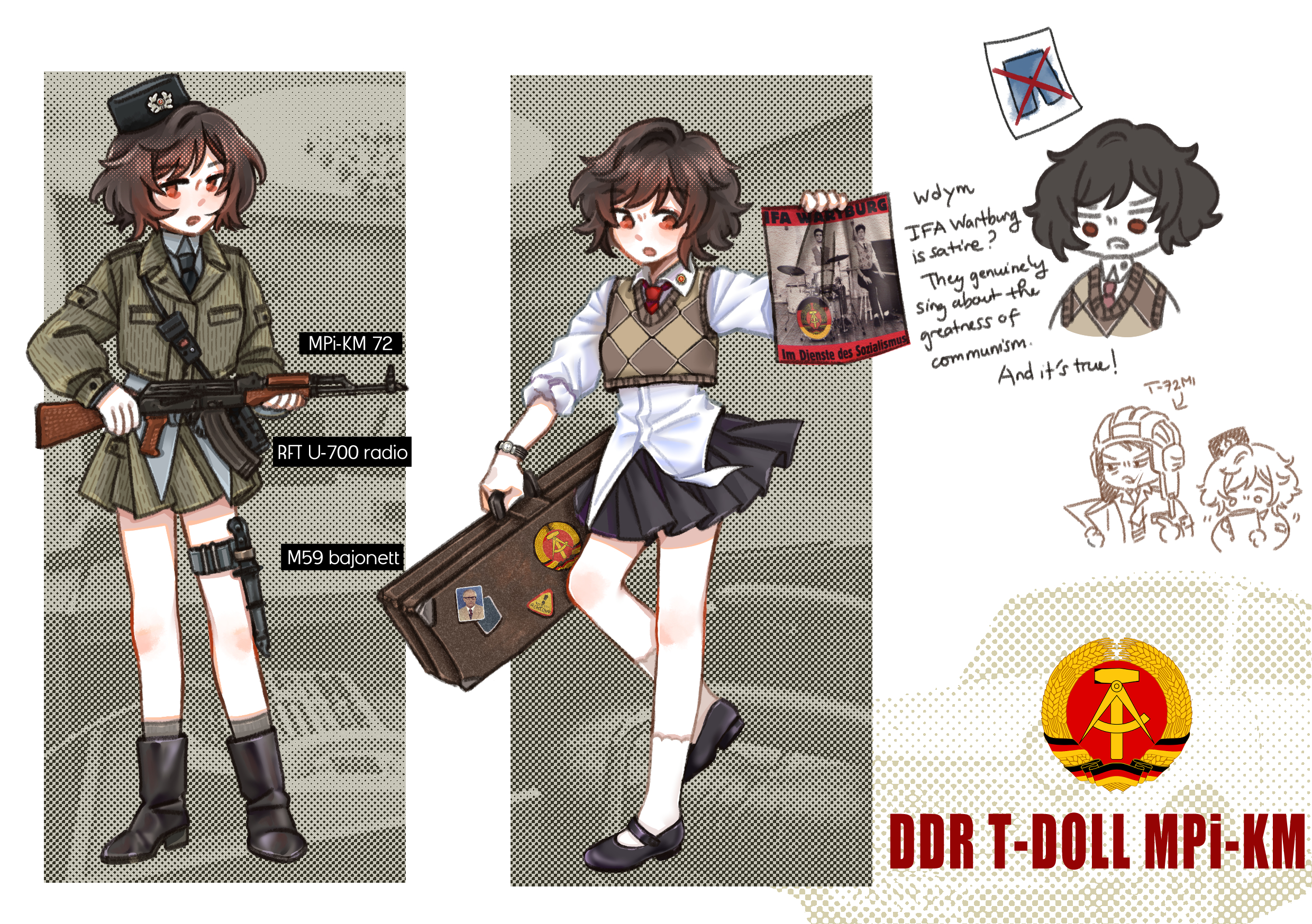 useless centipde, trabant, girls' frontline, original, highres, 1girl, adapted uniform, akm, album cover, assault rifle, bag, black boots, black necktie, black shoes, boots, breasts, brown eyes, brown hair, brown sweater vest, camouflage, camouflage jacket, camouflage skirt, car, checkered clothes, collar pin, combat knife, cover, east germany, english text, fez hat, german text, gun, hat, helmet, holding, holding gun, holding weapon, jacket, kalashnikov rifle, knife, mary janes, messy hair, military hat, military uniform, miniskirt, motor vehicle, mpi-km, necktie, open mouth, photo (object), photo background, plaid clothes, plaid skirt, radio, raised eyebrows, red necktie, rifle, sheath, shirt, shoes, short hair, sketch inset, skirt, small breasts, socks, sticker, strichtarn, suitcase, sweater vest, tank helmet, thigh strap, untucked shirt, watch, weapon, white shirt, white socks, wristwatch