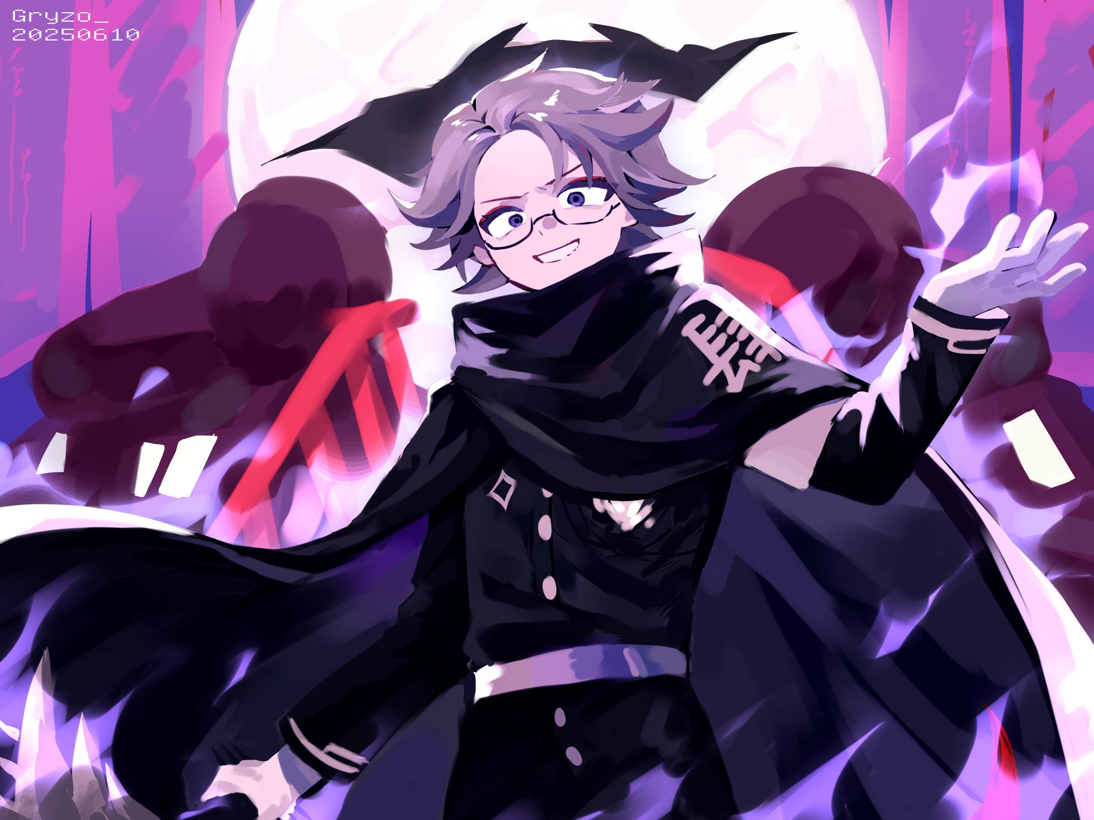 aotsuki eito, the hundred line -last defense academy-, chinese commentary, highres, spoilers, 1boy, armband, artist name, black cloak, cloak, dated, evil grin, evil smile, fire, gakuran, glasses, gloves, grey hair, grin, gryzo, hand up, holding, holding weapon, jacket, last defense academy school uniform, looking at viewer, male focus, purple eyes, purple fire, school uniform, short hair, smile, solo, upper body, weapon, white armband, white gloves