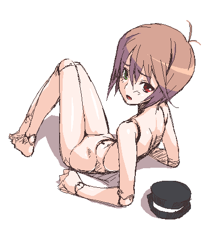 212 (kisaragi), souseiseki, rozen maiden, bad id, bad pixiv id, lowres, 00s, 1girl, arm support, brown hair, doll joints, female focus, hat, heterochromia, joints, looking at viewer, looking back, lying, nude, oekaki, on back, open mouth, short hair, solo, unworn hat, unworn headwear