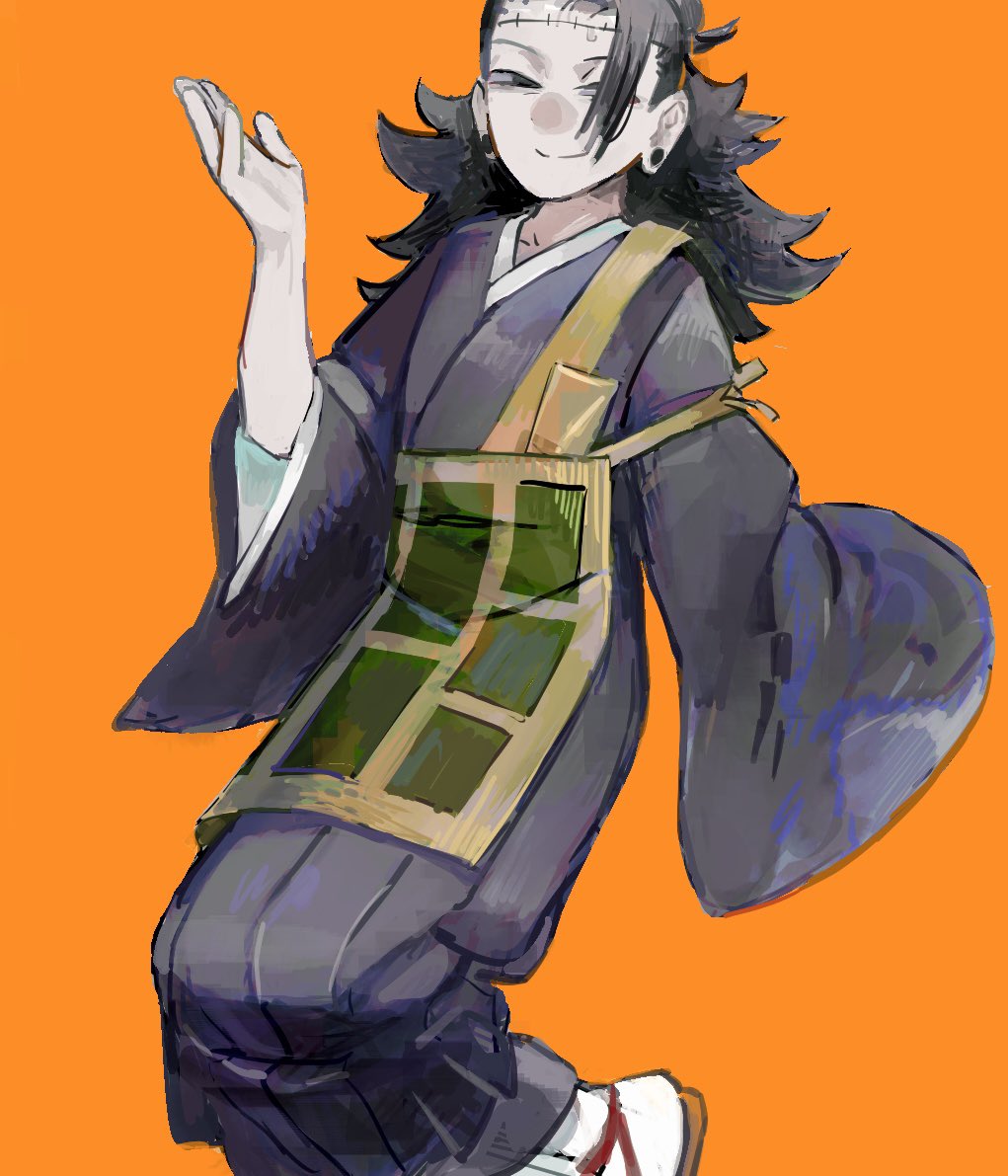 getou suguru, getou suguru (kenjaku), jujutsu kaisen, 1boy, black eyes, black hair, black kimono, black robe, ear piercing, hair bun, japanese clothes, kesa, kimono, kkrmcmc, long hair, looking at viewer, male focus, orange background, pale skin, piercing, plug (piercing), robe, scar, scar on face, scar on forehead, simple background, smile, socks, solo, stitched face, stitched forehead, stitches, tabi, white socks, wide sleeves