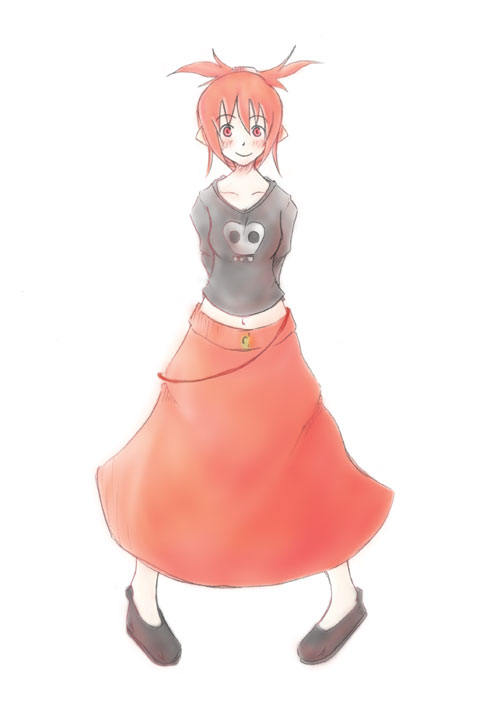 kae (orange juice), 100% orange juice, suguri, tagme, 1girl, blush, female focus, midriff, navel, red eyes, red hair, robot ears, simple background, smile, solo, white background