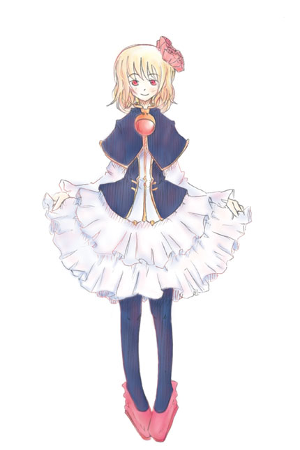hime (orange juice), 100% orange juice, suguri, 1girl, blonde hair, curtsey, female focus, pantyhose, red eyes, short hair, simple background, skirt hold, solo, white background