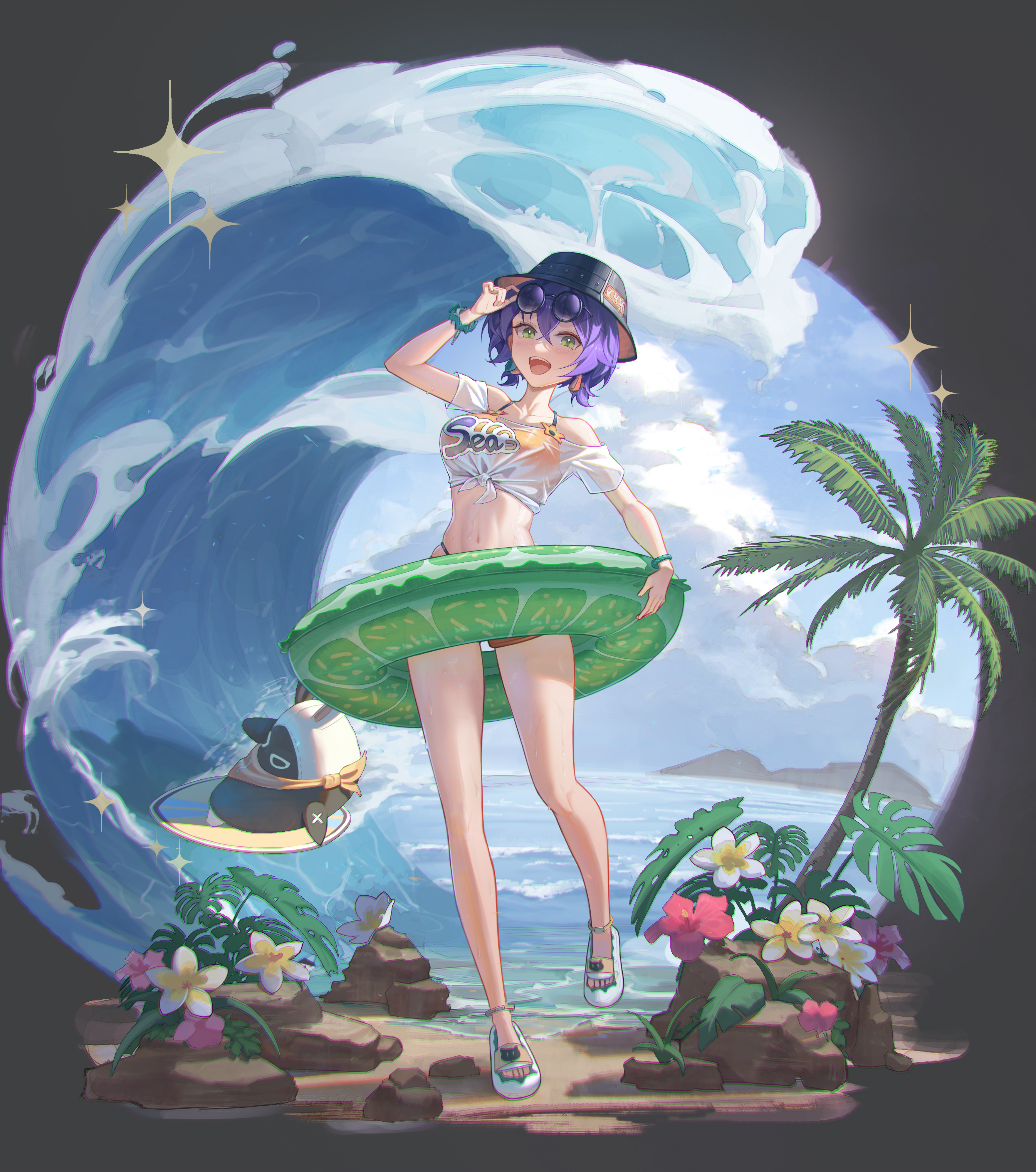 shengkai167, belle (summer skies) (zenless zone zero), belle (zenless zone zero), zenless zone zero, absurdres, commentary request, highres, 1girl, adjusting eyewear, alternate costume, black hat, bucket hat, cloud, cropped shirt, cumulonimbus cloud, flower, full body, green eyes, grey background, hat, looking at viewer, ocean, open mouth, outdoors, palm tree, purple hair, round eyewear, sandals, see-through clothes, see-through shirt, shirt, short hair, solo, sparkle, standing, swim ring, swimsuit, tied shirt, toned, toned female, tree, walking, waves, white sandals, white shirt