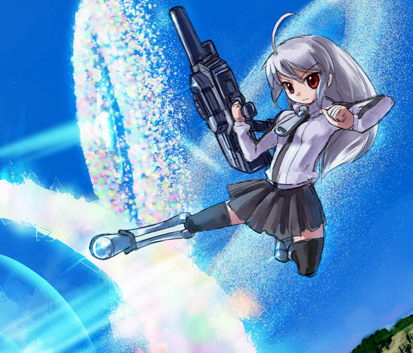 suguri (orange juice), 100% orange juice, suguri, silver hair, 1girl, ahoge, female focus, gun, red eyes, solo, thighhighs, weapon, zettai ryouiki