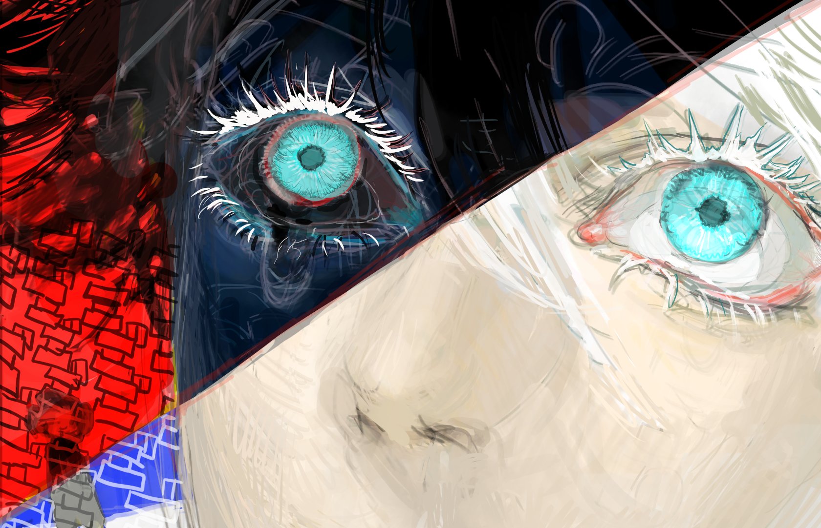 gojou satoru, jujutsu kaisen, highres, 1boy, aqua eyes, blue eyes, close-up, colored eyelashes, inverted colors, kkrmcmc, male focus, nose, pale skin, short hair, solo, thick eyelashes, white eyelashes, white hair