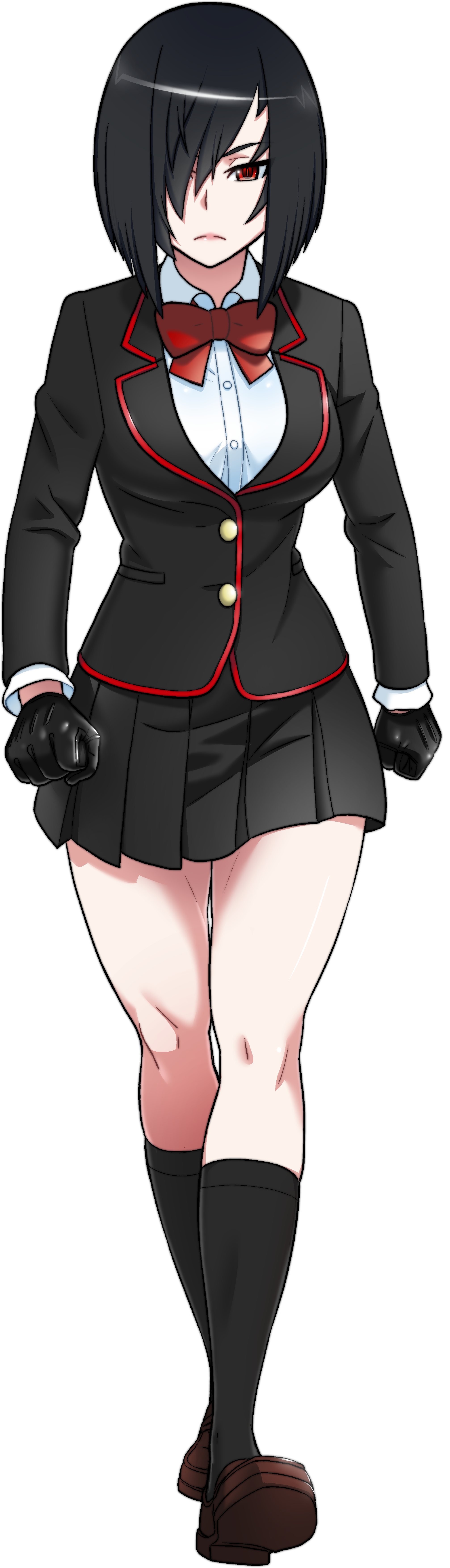 kjech, hanako yamada, nemesis-chan, yandere simulator, absurdres, highres, official art, 1girl, aged up, alternate hairstyle, black gloves, black hair, black skirt, black socks, blazer, bob cut, bow, breasts, brown shoes, buttons, clenched hands, frown, full body, gloves, hair over one eye, jacket, kneehighs, loafers, looking at viewer, medium breasts, pleated skirt, red eyes, school uniform, serious, shirt, shoes, short hair, skirt, slit pupils, socks, solo, transparent background, white shirt