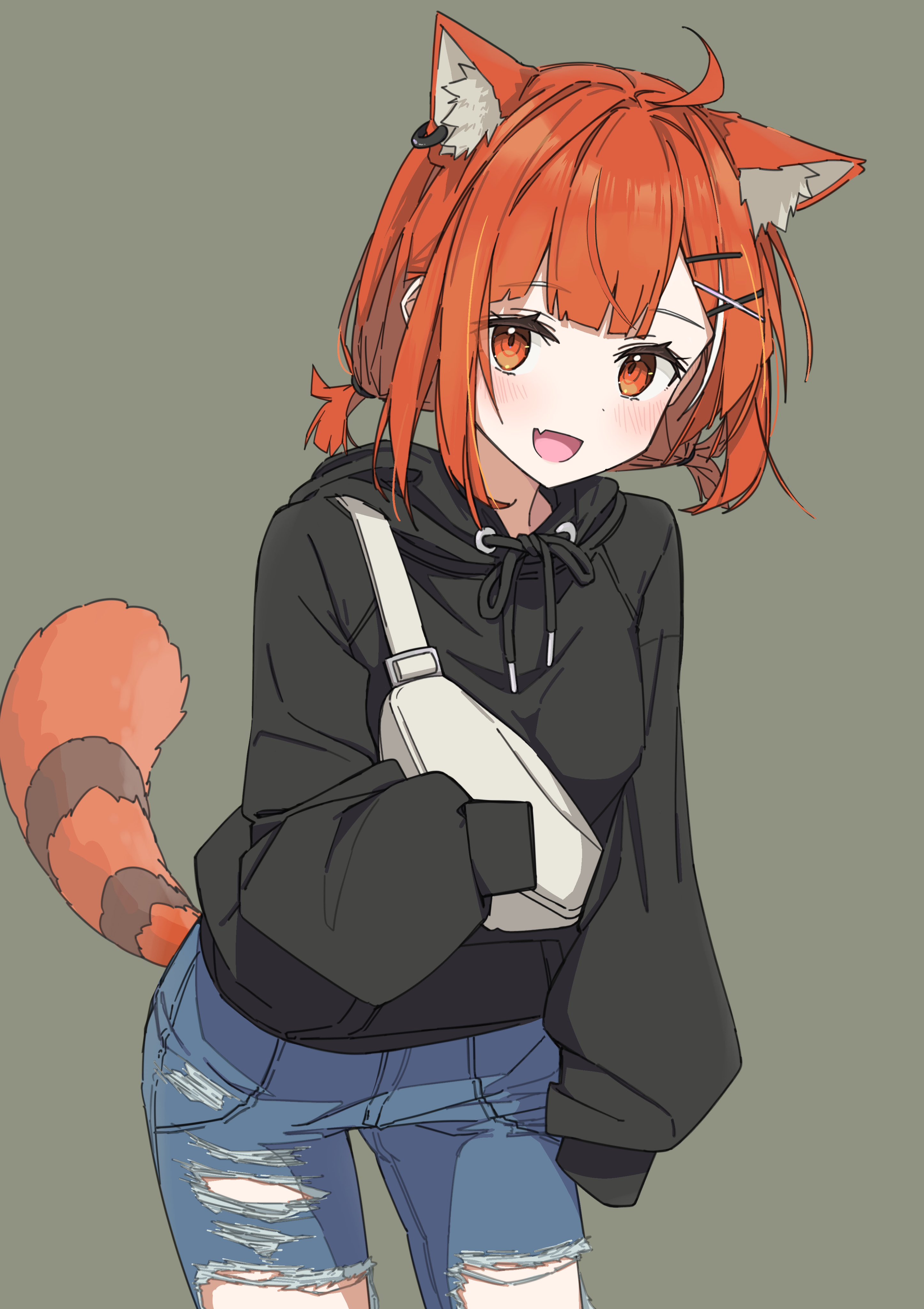 oninome tsuki, ratna petit, nijisanji, absurdres, highres, 1girl, ahoge, animal ear fluff, animal ear piercing, animal ears, bag, black hoodie, blush, breasts, colored inner animal ears, cowboy shot, denim, fang, grey background, hair ornament, hood, hood down, hooded jacket, hoodie, jacket, jeans, large breasts, long sleeves, looking at viewer, open mouth, orange eyes, orange hair, pants, red hair, red panda ears, red panda girl, red panda tail, shoulder bag, skin fang, sleeves past fingers, sleeves past wrists, smile, striped tail, tail, torn clothes, torn jeans, torn pants, virtual youtuber, x hair ornament