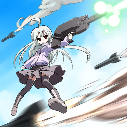 takahata yuki, suguri (orange juice), 100% orange juice, suguri, silver hair, lowres, 1girl, ahoge, energy gun, female focus, gun, laser, missile, red eyes, solo, thighhighs, weapon, zettai ryouiki