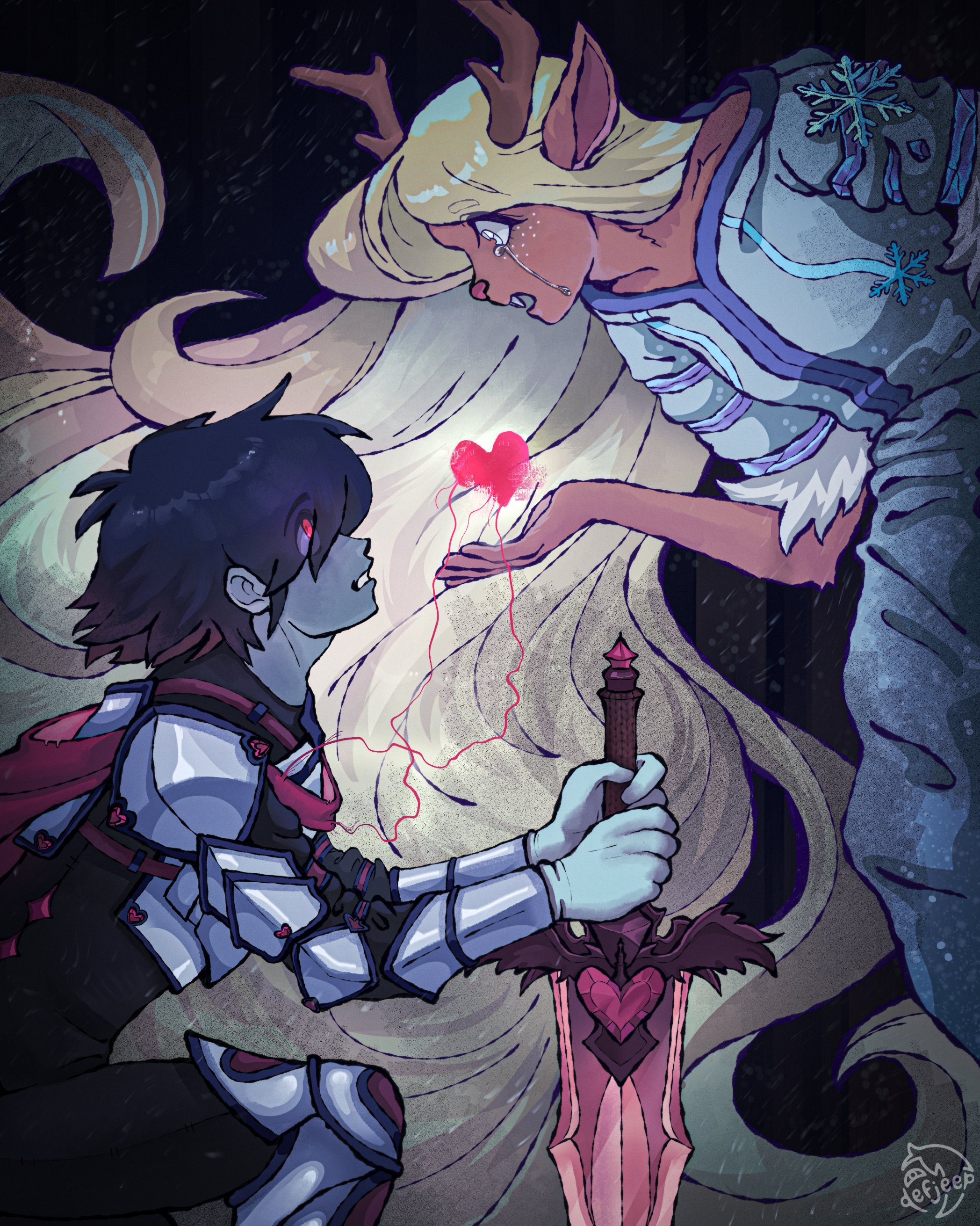 kris (dark world) (deltarune), kris (deltarune), noelle holiday, soul (deltarune), deltarune, utdr (toby fox), absurdres, commentary, english commentary, highres, 1girl, 1other, animal ears, antlers, armor, artist logo, artist name, black unitard, blonde hair, blue eyes, cape, crying, crying with eyes open, deer antlers, deer ears, deer girl, defjeep, heart, holding, holding sword, holding weapon, horns, knee armor, logo, long hair, noelle holiday (dark world), open mouth, red cape, red eyes, short hair, shoulder armor, snowflakes, sword, tears, very long hair, weapon