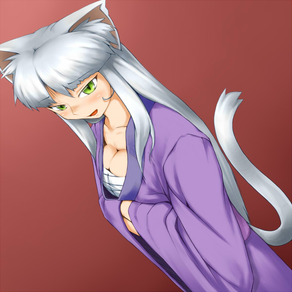 j (ajip358), silver hair, 1girl, animal ears, breasts, cleavage, female focus, green eyes, japanese clothes, kimono, long hair, medium breasts, sarashi, solo, tail