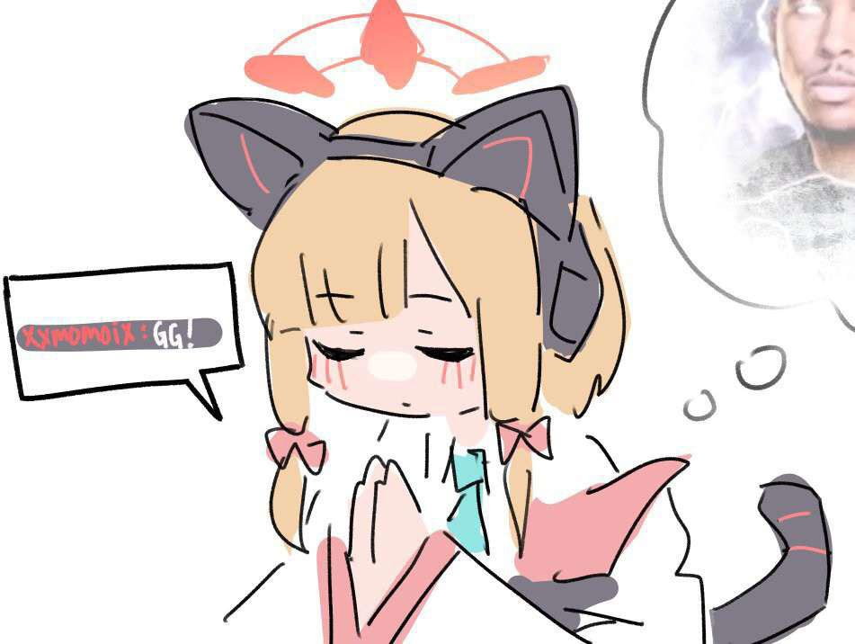 momoi (blue archive), blue archive, artist request, 1girl, animal ear headphones, animal ears, blonde hair, blue necktie, blush, bow, cat ear headphones, closed eyes, closed mouth, fake animal ears, hair bow, halo, headphones, looking down, low tier god, meme, multiple hair bows, necktie, pink bow, pink halo, praying, simple background, solo, speech bubble, tail, thought bubble, white background, you should kill yourself now (meme)