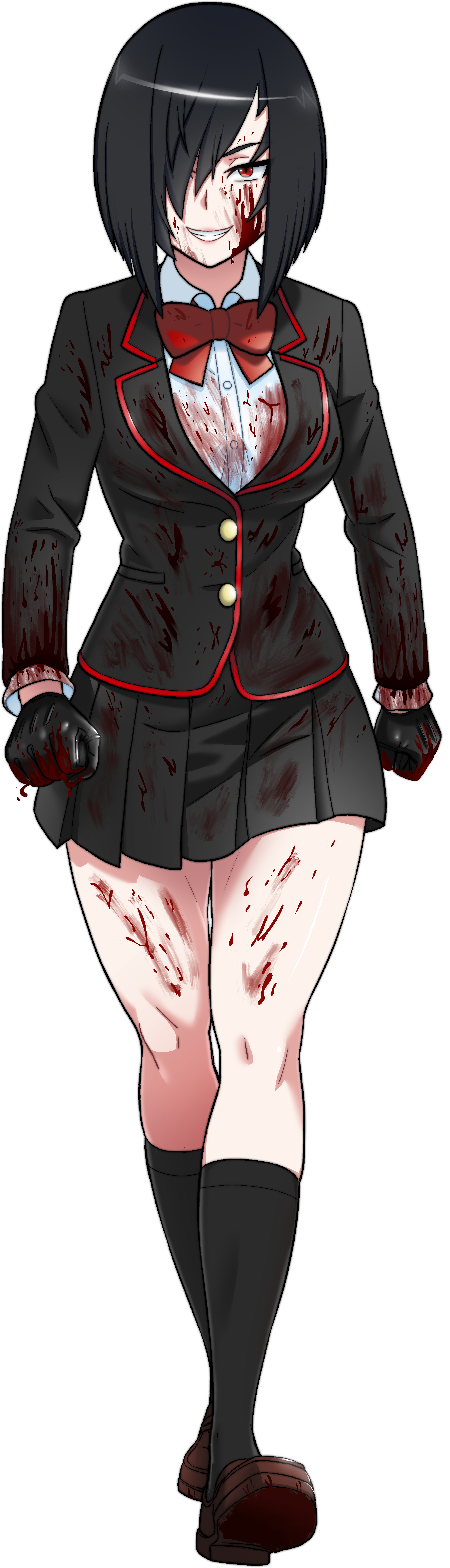 kjech, hanako yamada, nemesis-chan, yandere simulator, absurdres, highres, official art, second-party source, 1girl, aged up, alternate hairstyle, black gloves, black hair, black skirt, black socks, blazer, blood, blood on body, blood on clothes, blood on face, blood on gloves, bob cut, bow, breasts, brown shoes, buttons, clenched hands, full body, gloves, grin, hair over one eye, jacket, kneehighs, loafers, looking at viewer, medium breasts, pleated skirt, red eyes, sanpaku, school uniform, shirt, shoes, short hair, skirt, slit pupils, smile, socks, solo, transparent background, white shirt