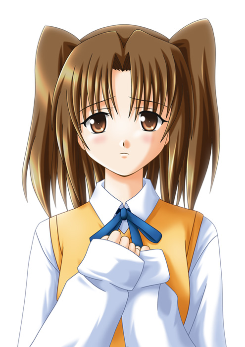 yumizuka satsuki, tsukihime, 00s, 1girl, bad anatomy, brown eyes, brown hair, female focus, poorly drawn, sad, school uniform, serafuku, solo, twintails, two side up