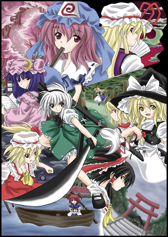 kirisamemaru, alice margatroid, flandre scarlet, hakurei reimu, kirisame marisa, onozuka komachi, patchouli knowledge, saigyouji yuyuko, shanghai doll, yakumo yukari, touhou, 6+girls, black hair, blonde hair, boat, book, doll, female focus, hairband, hat, japanese clothes, katana, long hair, miko, mob cap, multiple girls, pink hair, purple eyes, purple hair, red eyes, red hair, ribbon, short hair, sword, torii, watercraft, weapon, white hair, wings, witch, witch hat, yellow eyes