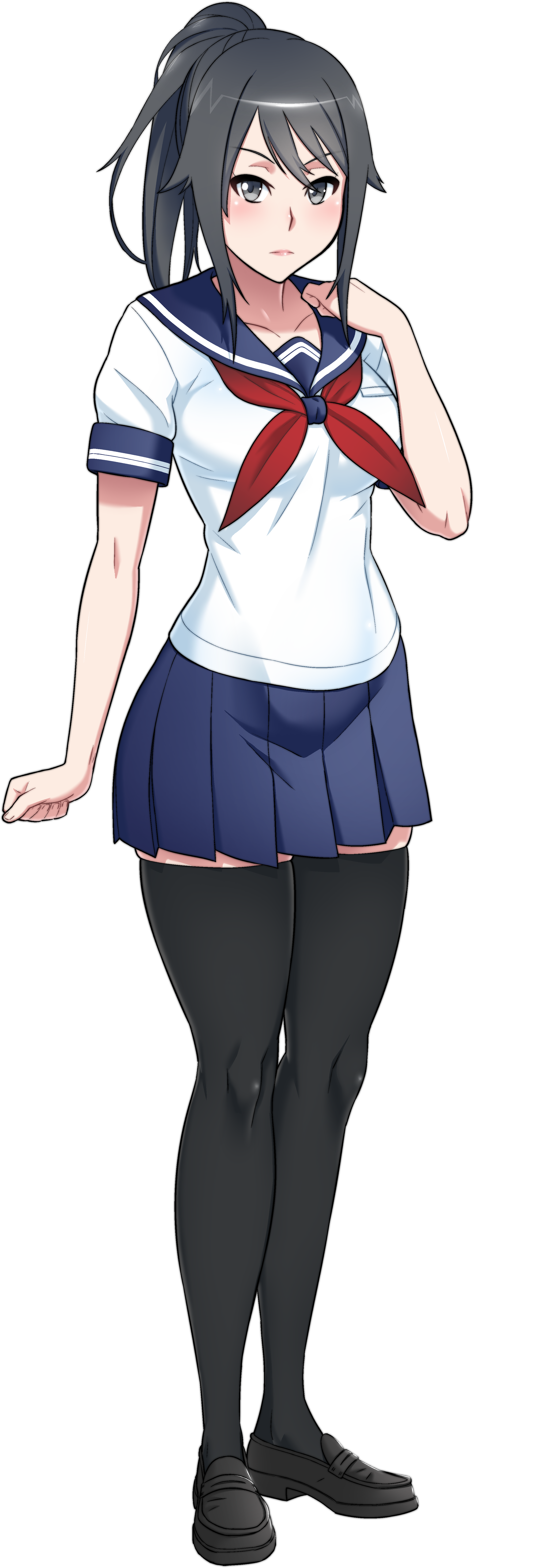kjech, ayano aishi, yandere simulator, absurdres, highres, official art, 1girl, black eyes, black hair, full body, ponytail, school uniform, serafuku, solo, thighhighs, transparent background, yandere, zettai ryouiki