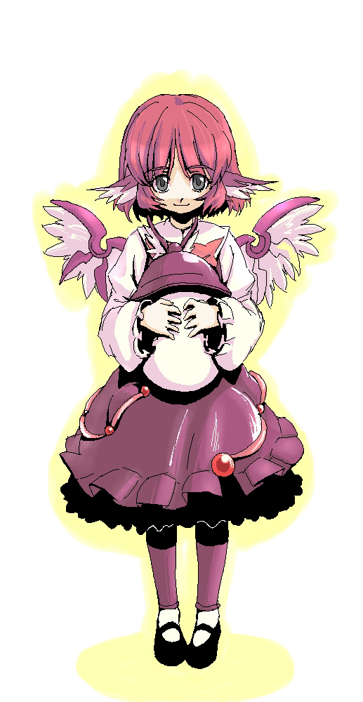 shiba itsuki, mystia lorelei, touhou, bad id, bad pixiv id, 1girl, egg, female focus, grey eyes, hat, pink hair, short hair, simple background, solo, white background, wings