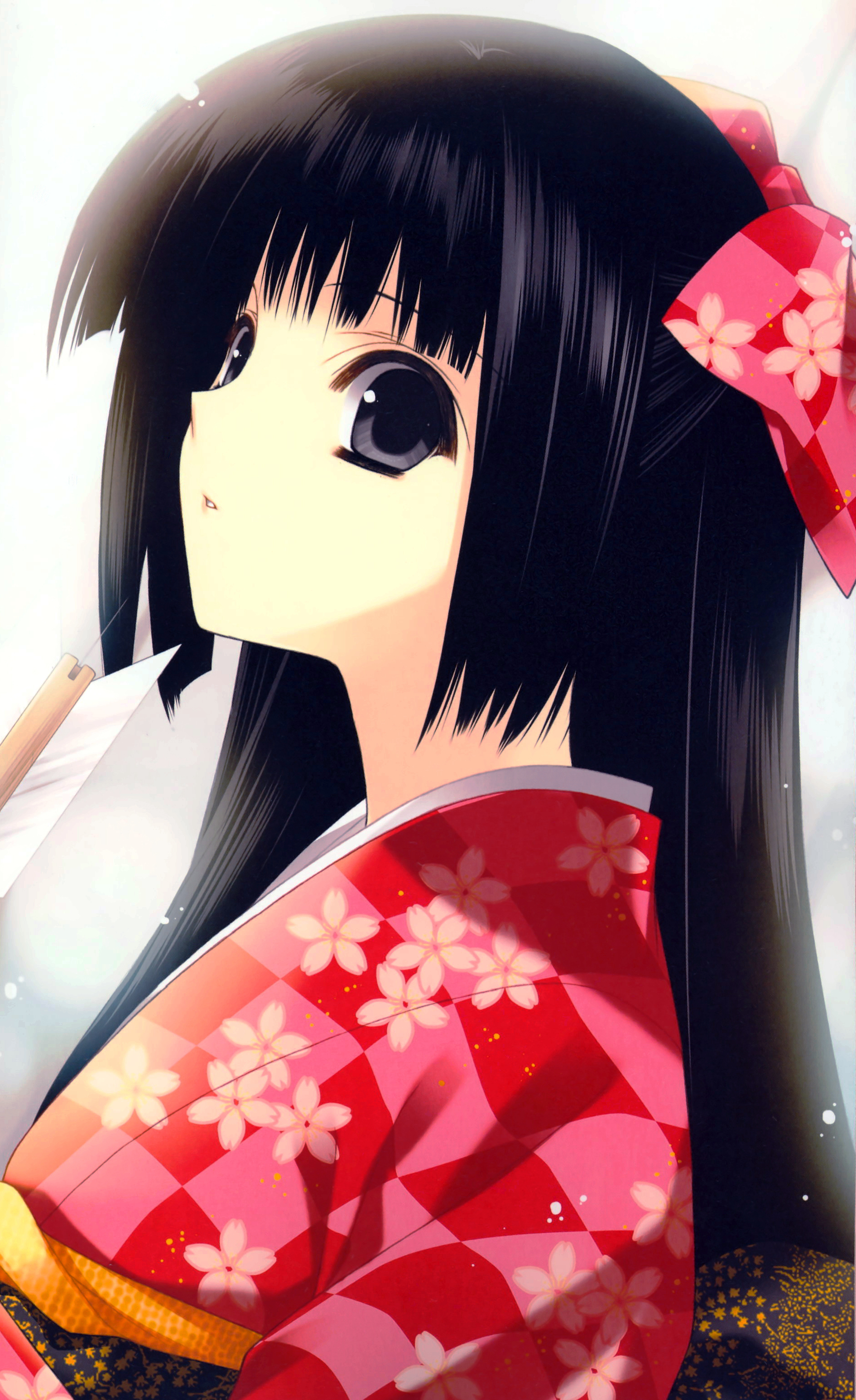 suzuhira hiro, absurdres, highres, scan, 1girl, black hair, female focus, grey eyes, hair ribbon, japanese clothes, kimono, long hair, red kimono, ribbon, solo, yukata