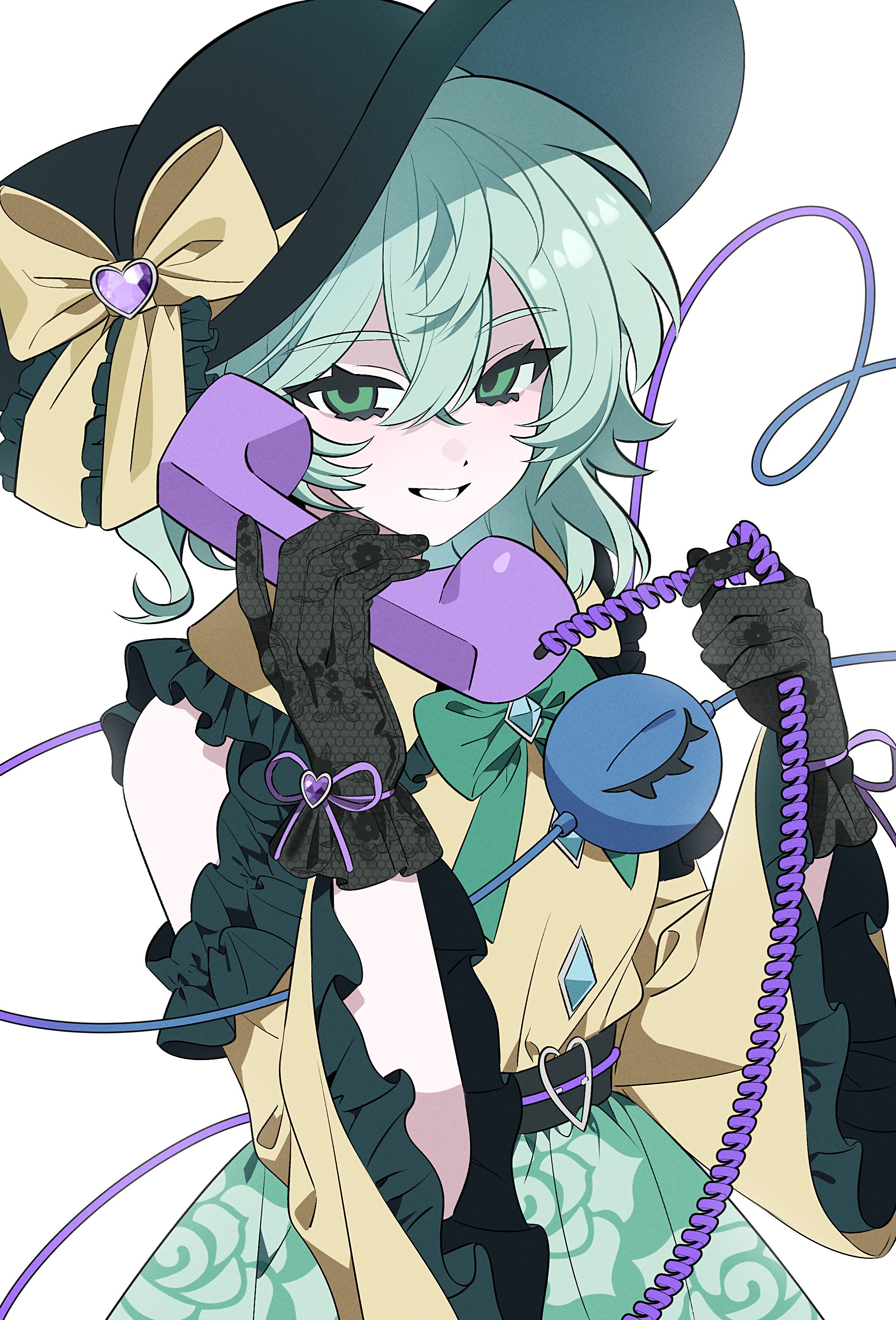 kiliko-san, komeiji koishi, touhou, absurdres, highres, 1girl, bare shoulders, black gloves, black hat, bow, bowtie, buttons, detached sleeves, diamond button, eyeball, floral print, frilled shirt collar, frilled sleeves, frills, gloves, green bow, green bowtie, green eyes, green hair, green skirt, hat, hat ribbon, heart, heart of string, holding, holding phone, phone, ribbon, rose print, shirt, skirt, smile, third eye, white background, yellow ribbon, yellow shirt