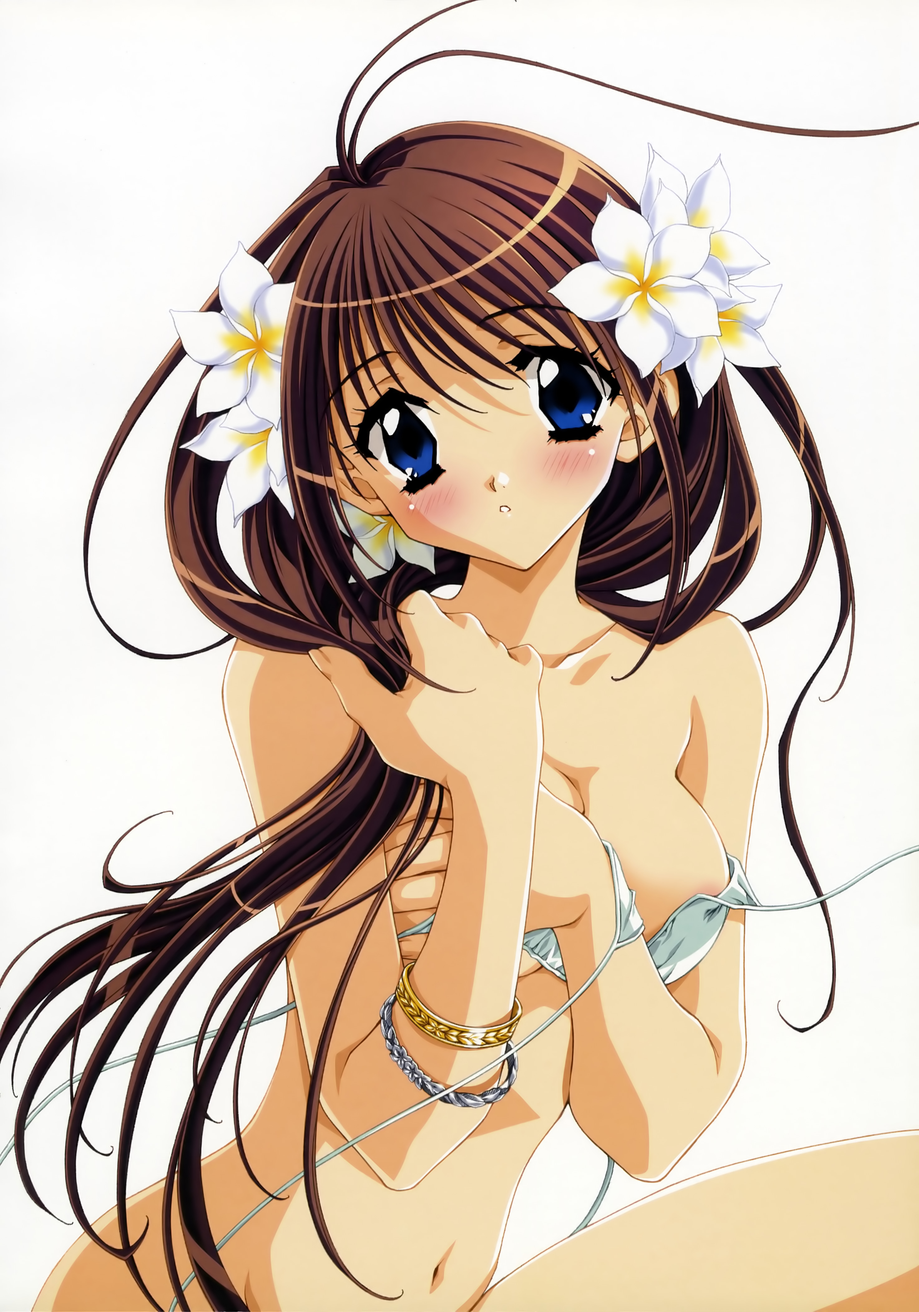 kadoi aya, absurdres, highres, 1girl, :o, antenna hair, bikini, blue eyes, blush, bracelet, breasts, brown hair, cleavage, female focus, flower, hair flower, hair ornament, jewelry, long hair, navel, simple background, solo, swimsuit, undressing, untied bikini, white background, white bikini