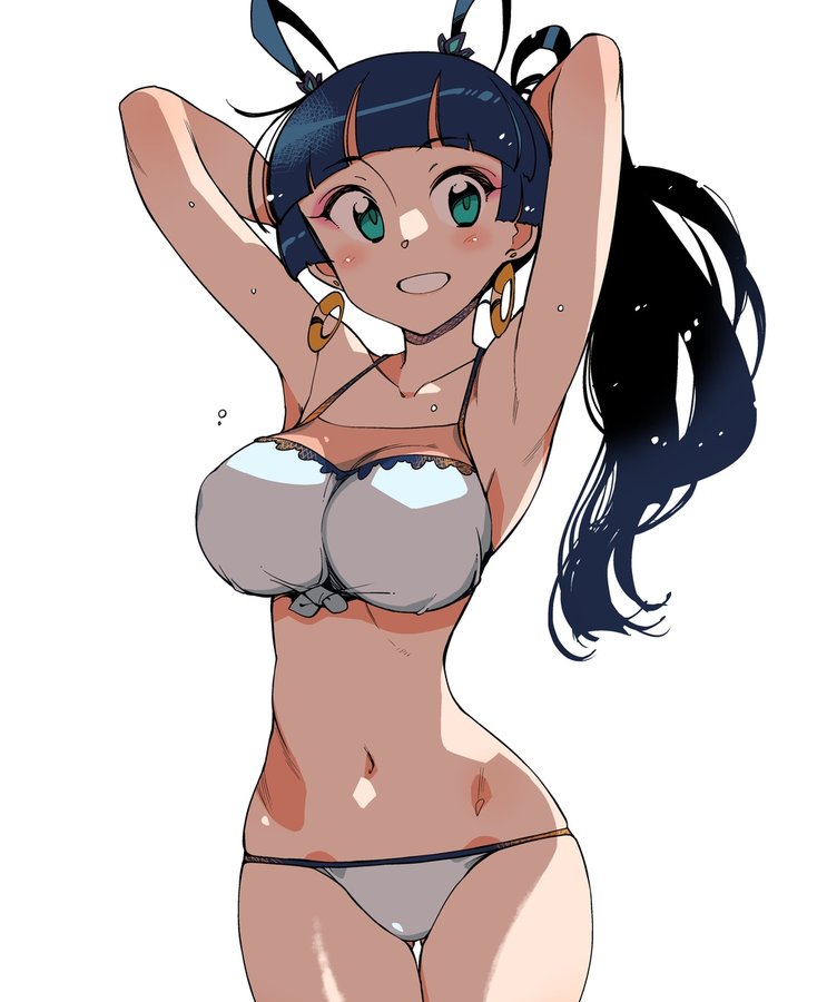 kusanagi tonbo, kaguya (kagaminomachi no kaguya), kagaminomachi no kaguya, 1girl, arms behind head, bikini, black hair, blue eyes, blunt bangs, breasts, earrings, green eyes, hoop earrings, jewelry, large breasts, long hair, looking at viewer, parted lips, simple background, smile, solo, swimsuit, thigh gap, white background, white bikini