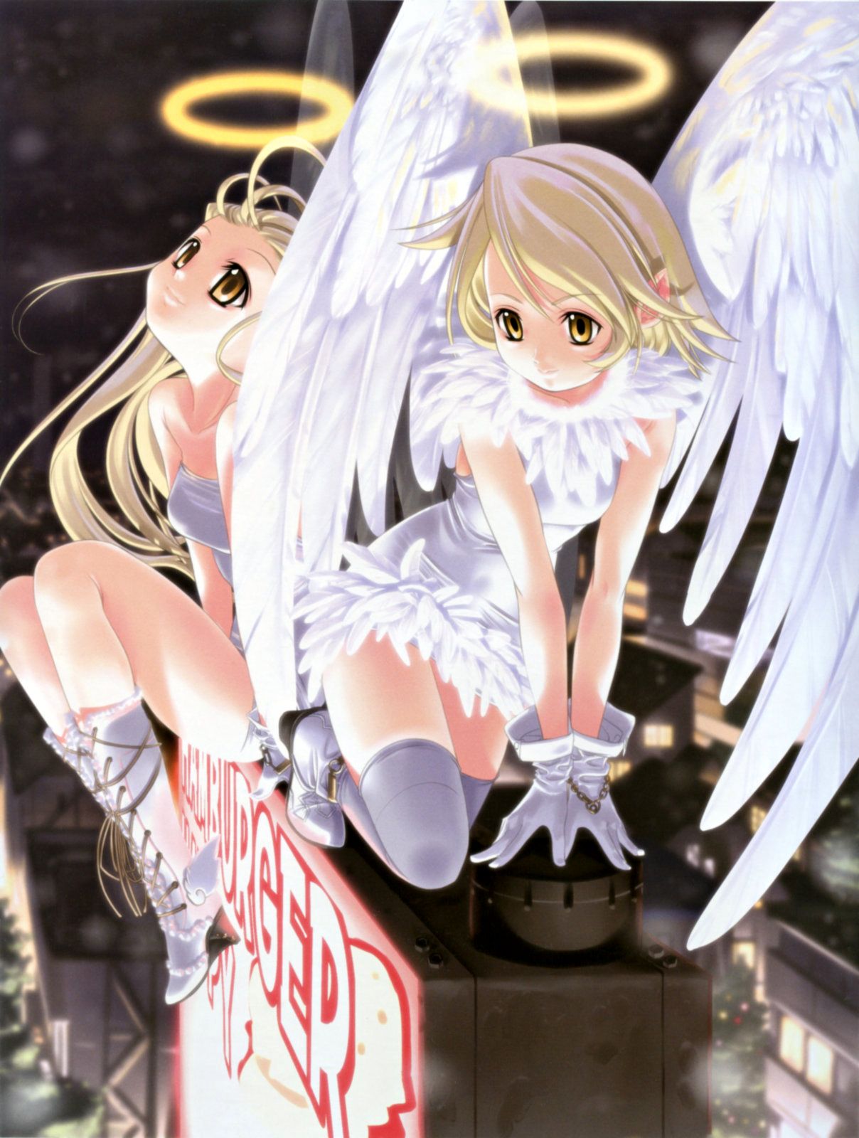 sumomo kpa, highres, 2girls, angel, blonde hair, boots, dress, gloves, halo, multiple girls, thighhighs, wings, yellow eyes, zettai ryouiki