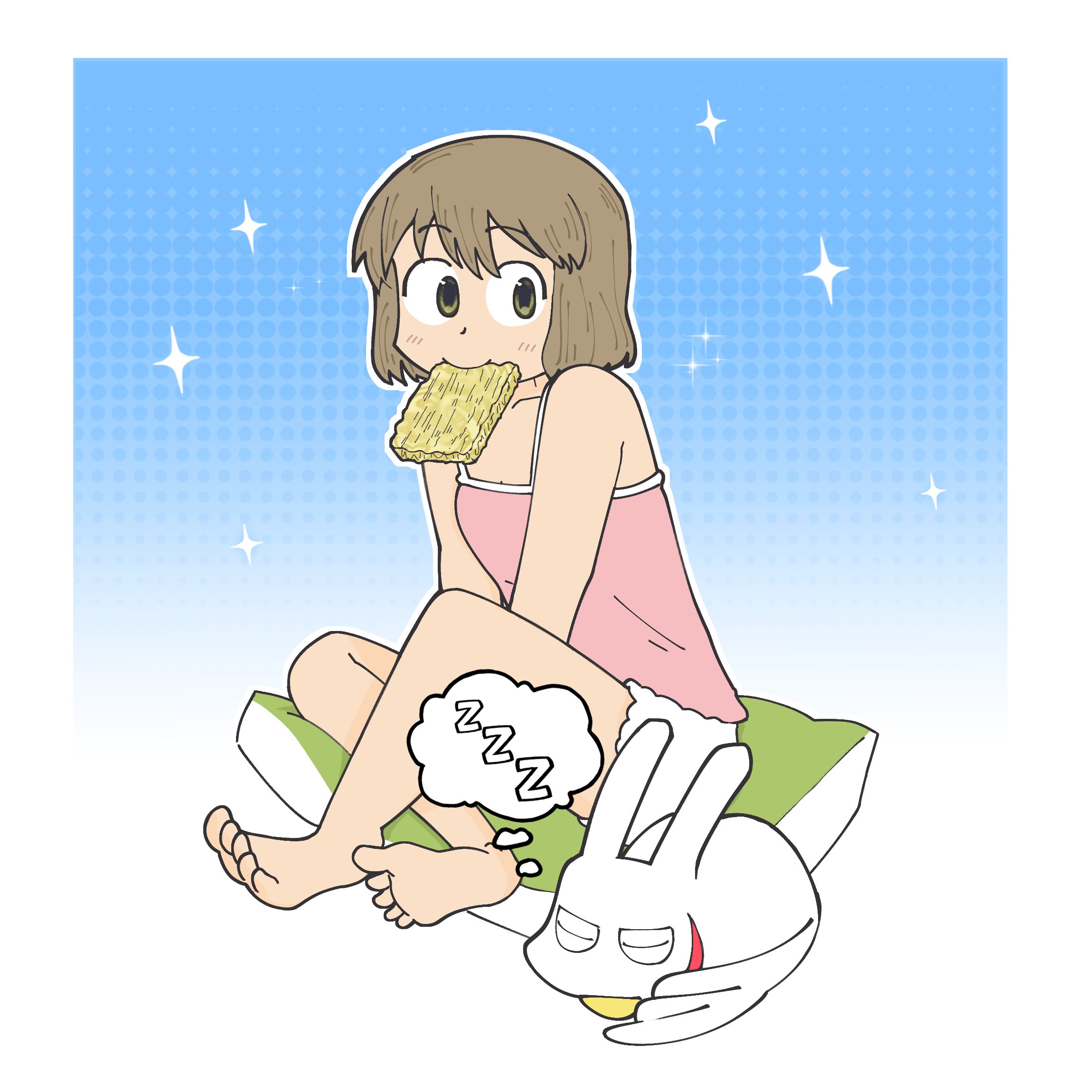 ayumu niikura, mimineko, city (arawi keiichi), commentary, english commentary, highres, 1girl, animal, axogogo, barefoot, blonde hair, blue background, border, camisole, cat, collarbone, food, food in mouth, gradient background, green eyes, looking to the side, noodles, outline, pillow, pink camisole, ramen, short hair, shorts, sitting, sleeping, sparkle, white background, white border, white outline, white shorts