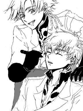gino weinberg, kururugi suzaku, code geass, lowres, 00s, 2boys, :d, blush, closed eyes, collar, collarbone, evil smile, formal clothes, gloves, greyscale, grin, holding, male focus, marker, monochrome, multiple boys, open mouth, parted lips, simple background, smile, suit, teeth, upper body, white background