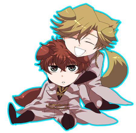 gino weinberg, kururugi suzaku, code geass, lowres, 00s, 2boys, :d, ^ ^, black gloves, blonde hair, brown hair, chibi, closed eyes, fox tail, gloves, jitome, kemonomimi mode, long sleeves, looking at viewer, male focus, multiple boys, open mouth, simple background, sitting, smile, tail, white background, yaoi