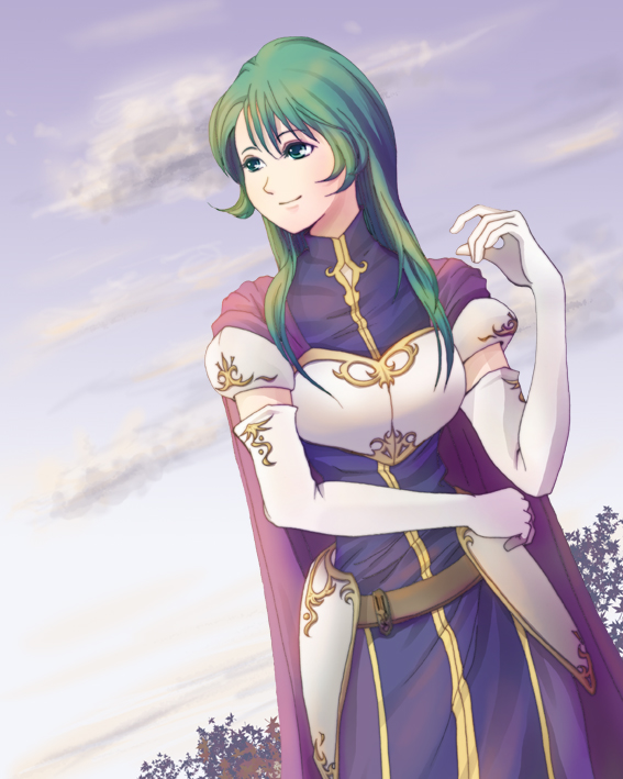 alice iris, cecilia (fire emblem), fire emblem, fire emblem: the binding blade, nintendo, 1girl, armor, cape, elbow gloves, female focus, gloves, green eyes, green hair, long hair, solo, white armor