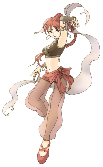 alice iris, tethys (fire emblem), fire emblem, fire emblem: the sacred stones, nintendo, red footwear, 1girl, arabian clothes, braid, breasts, cleavage, dancer, female focus, harem outfit, harem pants, lipstick, long hair, makeup, matching hair/eyes, midriff, navel, pants, red eyes, red hair, red lips, see-through clothes, single braid, smile, solo
