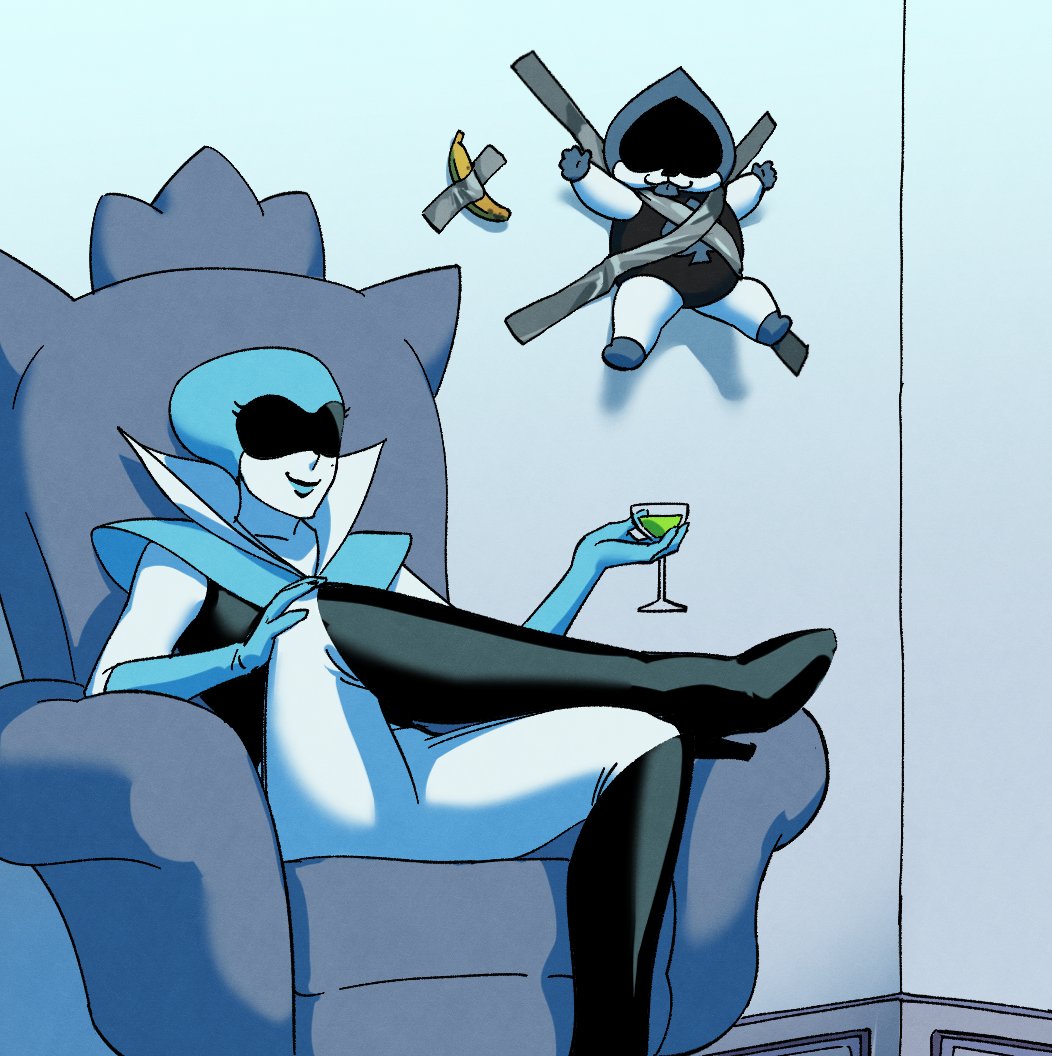 lancer (deltarune), queen (deltarune), deltarune, utdr (toby fox), commentary request, korean commentary, 1boy, 1girl, banana, black boots, blue gloves, blue lips, blue tongue, boots, chair, colored tongue, cup, drinking glass, duct tape, figure four sitting, food, fruit, gloves, gnd ib, high heel boots, high heels, holding, holding cup, kid taped to wall (meme), knee boots, leg up, meme, mole, mole under eye, on chair, sitting, smile, tongue, tongue out, wine glass