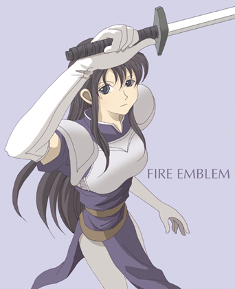 alice iris, ayra (fire emblem), fire emblem, fire emblem: genealogy of the holy war, nintendo, lowres, black hair, copyright name, elbow gloves, gloves, grey eyes, long hair, sword, weapon