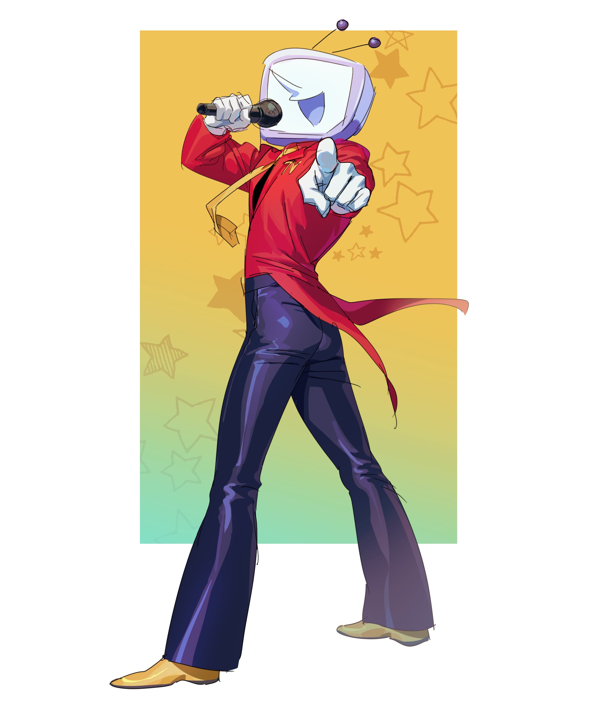 ant tenna, deltarune, utdr (toby fox), absurdres, commentary request, highres, korean commentary, 1boy, black pants, coattails, crt, gnd ib, holding, holding microphone, jacket, long sleeves, male focus, microphone, necktie, object head, open mouth, pants, pointing, pointing at viewer, pointy nose, red jacket, shoes, smile, solo, star (symbol), yellow necktie, yellow shoes