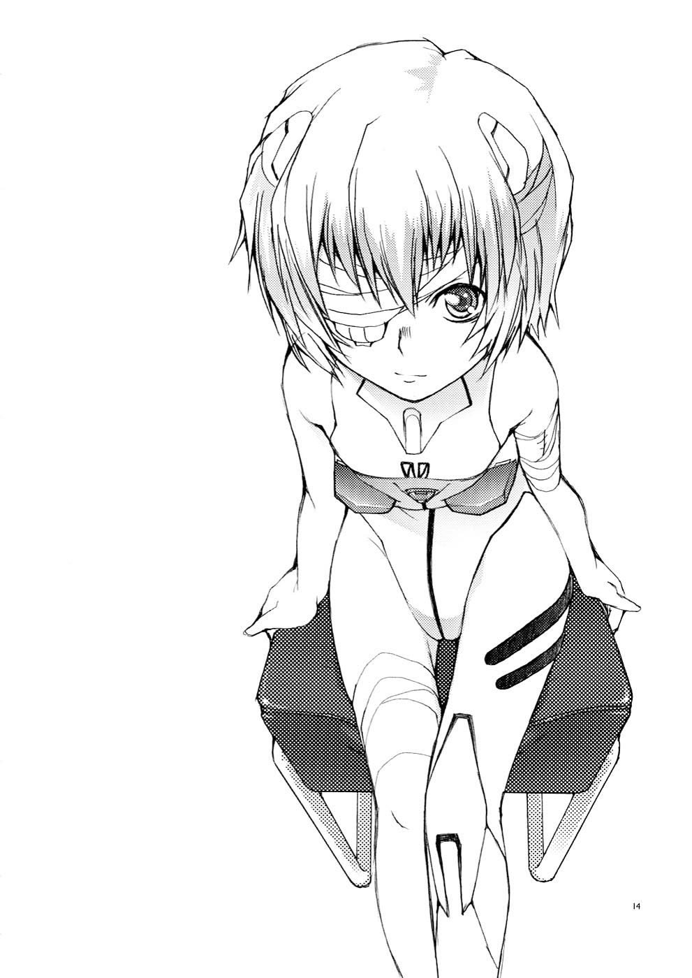 ayanami rei, neon genesis evangelion, highres, comic, eyepatch, greyscale, interface headset (evangelion), mecha pilot suit, monochrome, plugsuit (evangelion), solo