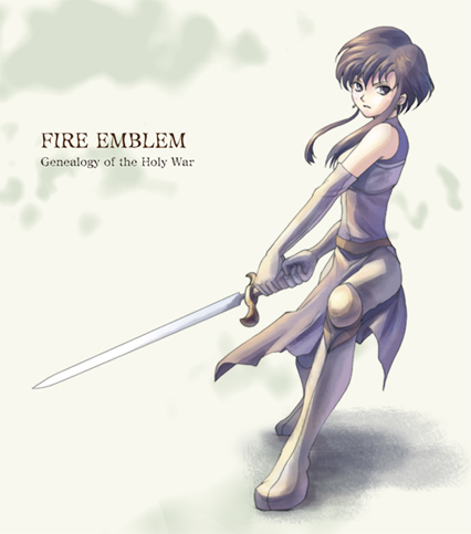 alice iris, larcei (fire emblem), fire emblem, fire emblem: genealogy of the holy war, nintendo, lowres, black hair, copyright name, elbow gloves, gloves, grey eyes, short hair, sword, weapon