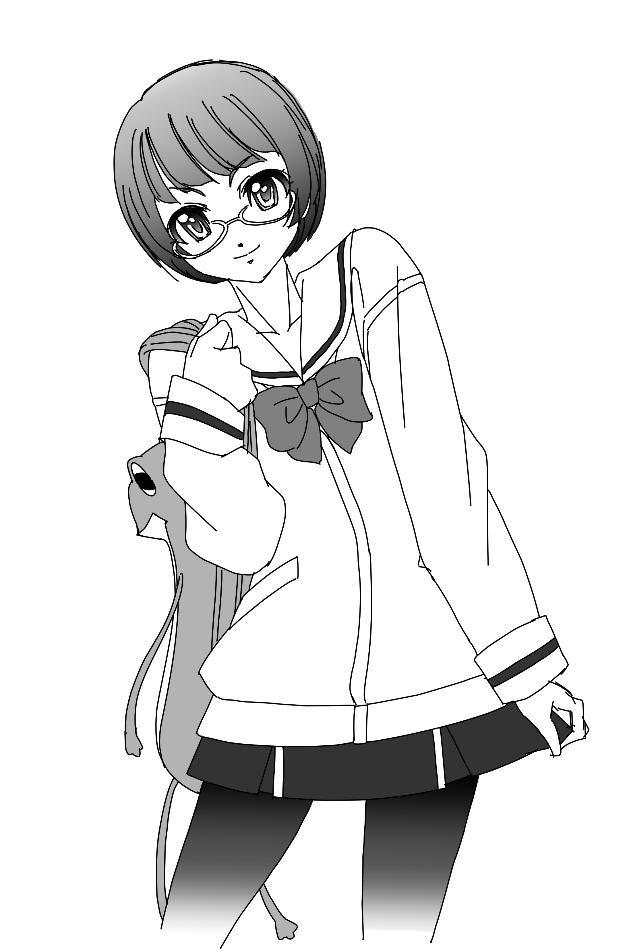 eibon, nakase katsumi, yamazoe uki, chaos;child, science adventure, steins;gate, steins;gate 0, absurdres, highres, 1girl, animal bag, bag, black pantyhose, blunt bangs, collarbone, cosplay, gero-froggy, glasses, greyscale, hekiho academy school uniform, holding, holding bag, long sleeves, looking at viewer, miniskirt, monochrome, pantyhose, sailor collar, school uniform, short hair, skirt, smile, solo, white sailor collar, yamazoe uki (cosplay)