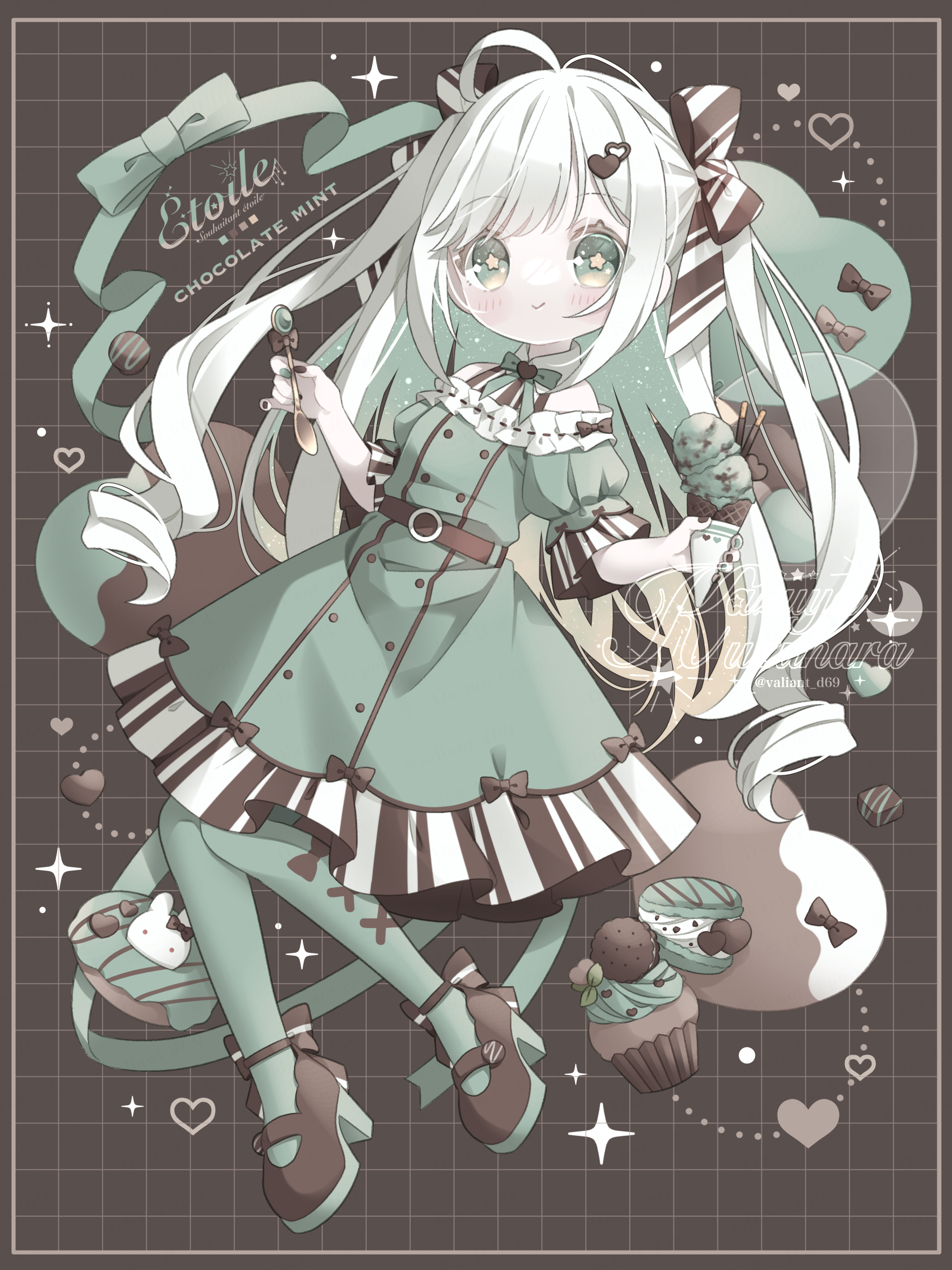 kuzuhara kazuya, original, absurdres, highres, + +, 1girl, belt, blush, bow, brown bow, chocolate, cupcake, dress, food, green dress, green eyes, green nails, green pantyhose, hair bow, heart, high heels, holding, holding food, holding ice cream, holding spoon, ice cream, ice cream cone, long hair, looking at viewer, multicolored hair, off-shoulder dress, off shoulder, pantyhose, short sleeves, smile, solo, spoon, striped bow, symbol-shaped pupils, two side up, white hair