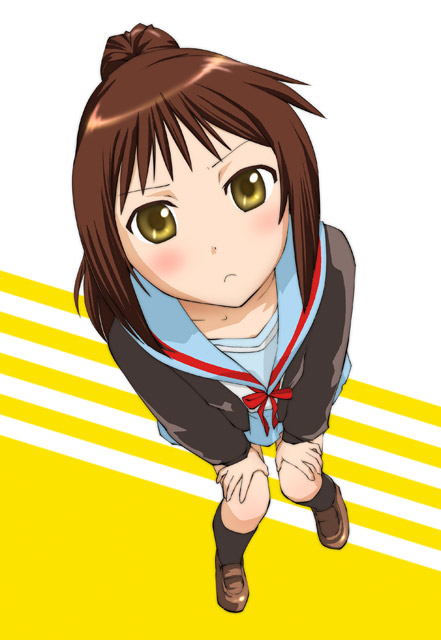 ueyama michirou, kyonko, suzumiya haruhi no yuuutsu, 00s, 1girl, brown eyes, brown hair, cardigan, female focus, genderswap, genderswap (mtf), ponytail, school uniform, serafuku, solo