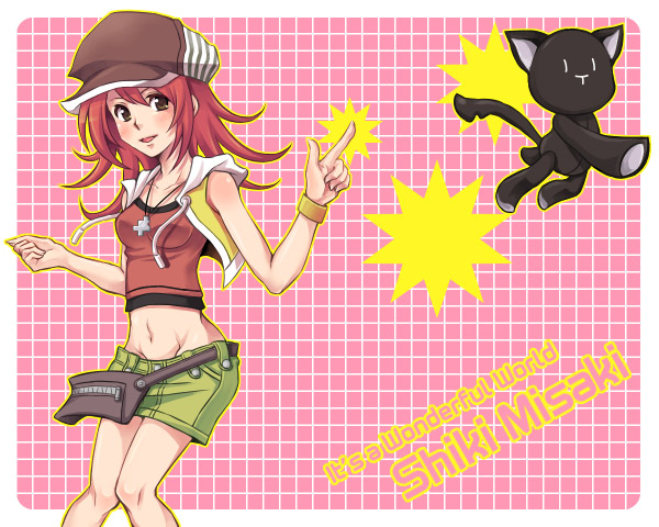 misaki shiki, nyantan, subarashiki kono sekai, 1girl, brown eyes, groin, hat, midriff, navel, newsboy cap, red hair, shorts, skirt, stuffed animal, stuffed toy, wristband