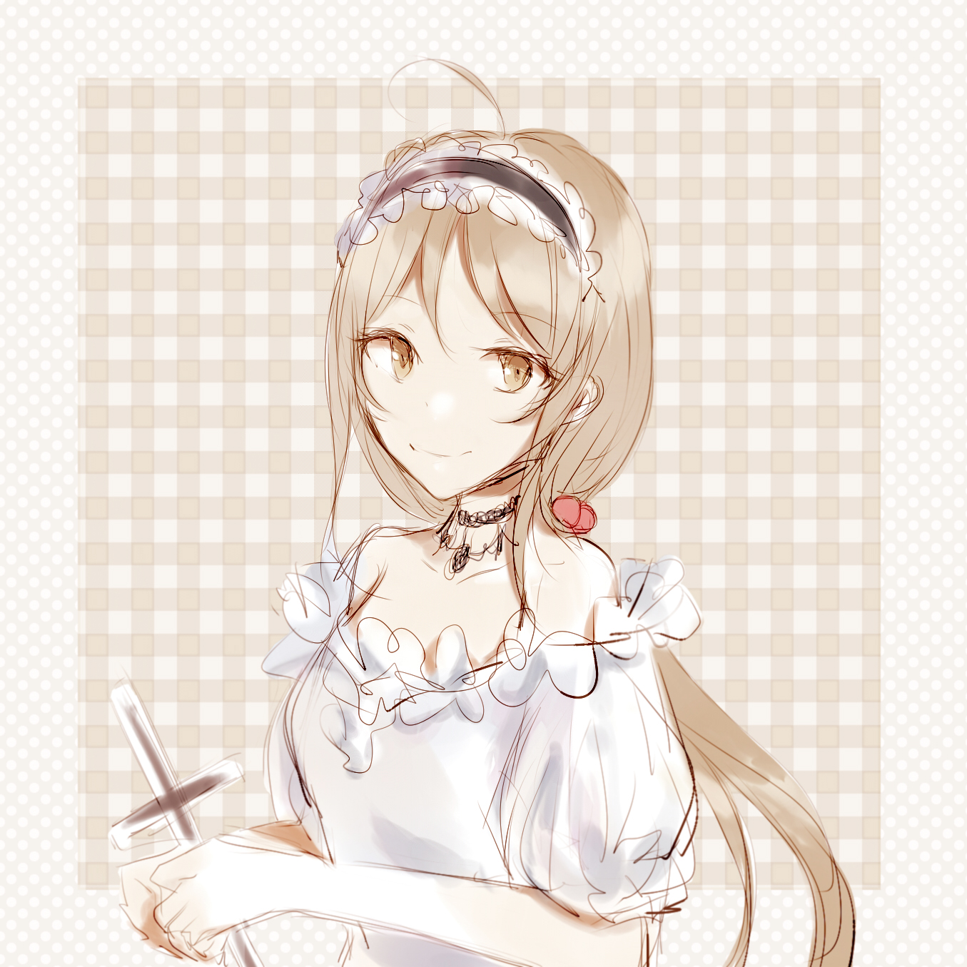 tohoko kiri, aikawa miyuu, occultic;nine, science adventure, highres, 1girl, cross, dress, formal clothes, frilled dress, frills, holding, holding cross, looking at viewer, off shoulder, smile, solo, white dress