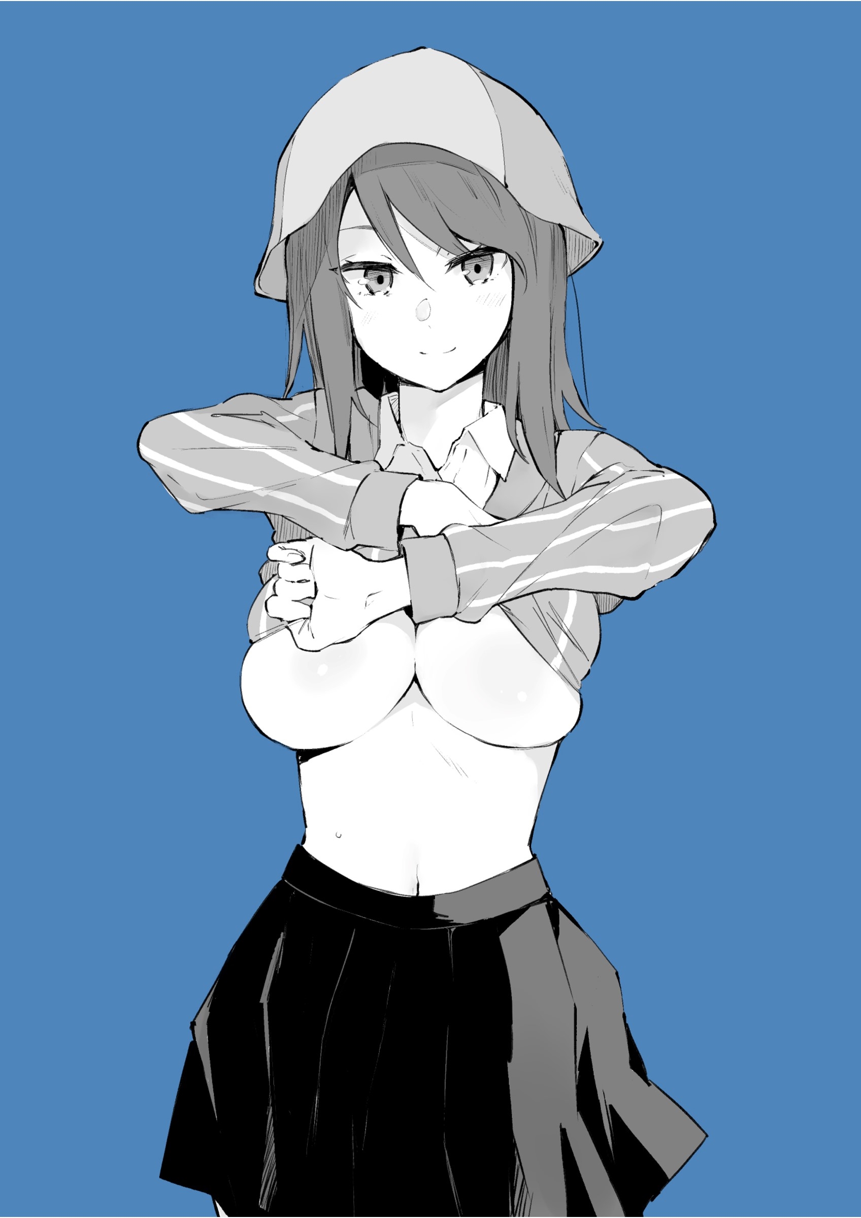 muteki soda, mika (girls und panzer), girls und panzer, 1girl, breasts, clothes lift, hat, keizoku school uniform, large breasts, long hair, school uniform, shirt, shirt lift, skirt, solo, striped clothes, striped shirt, tulip hat, underboob, vertical-striped clothes, vertical-striped shirt