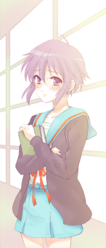 nagato yuki, suzumiya haruhi no yuuutsu, silver hair, bad id, bad pixiv id, 00s, blush, book, cardigan, glasses, grey eyes, school uniform, serafuku, short hair, solo
