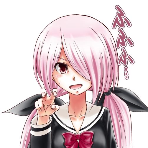eibon, minamisawa senri, chaos;child, science adventure, 1girl, blush, breasts, collarbone, hair over one eye, hekiho academy school uniform, long hair, looking at viewer, nervous sweating, open mouth, pink eyes, pink hair, red eyes, sailor collar, school uniform, small breasts, smile, solo, sweat, tongue, twintails, white background, white sailor collar